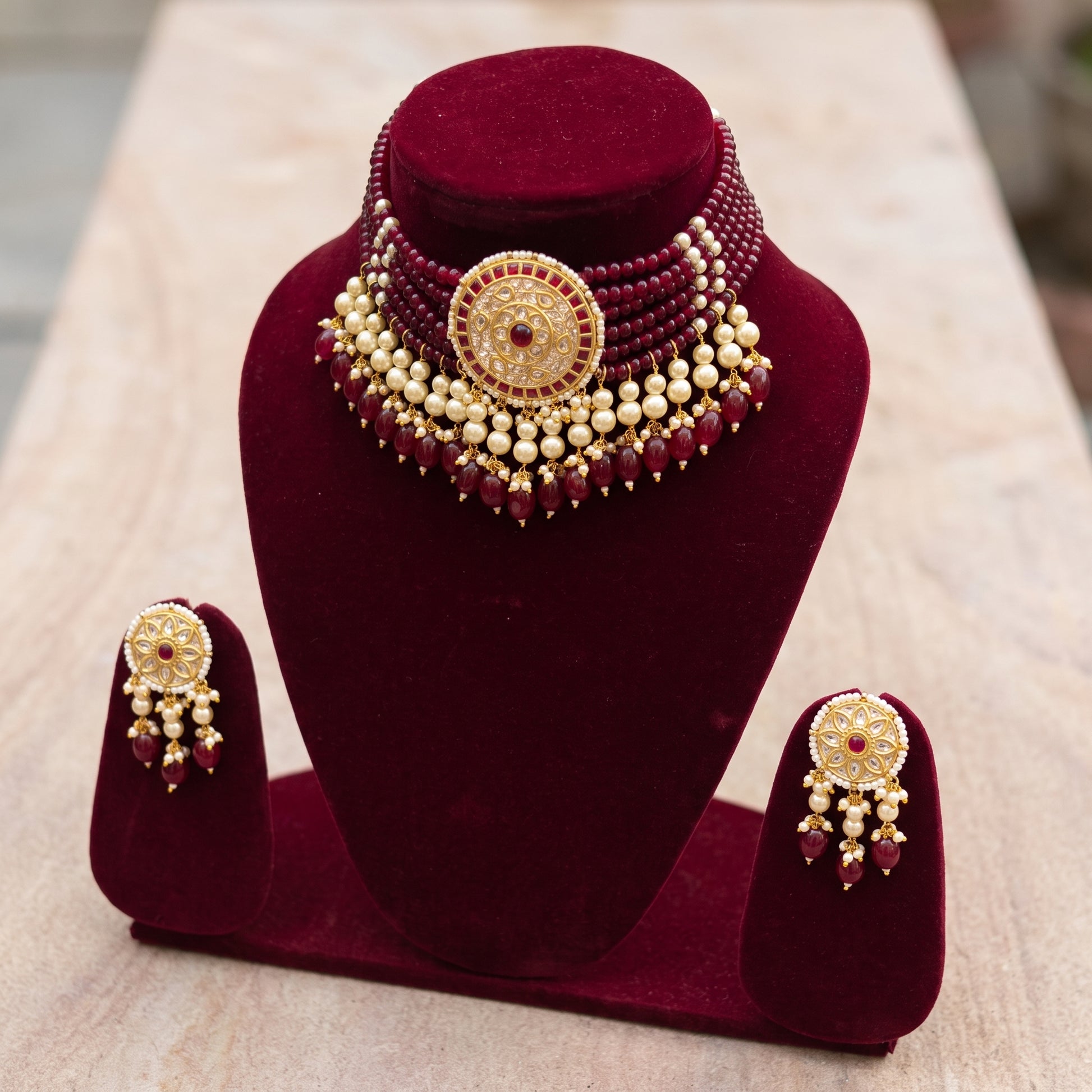 Handcrafted 22kt Gold Red Choker Set with 3 Carat Certified Syndicate Polki and Red Semi Precious Stones in Thapa Work