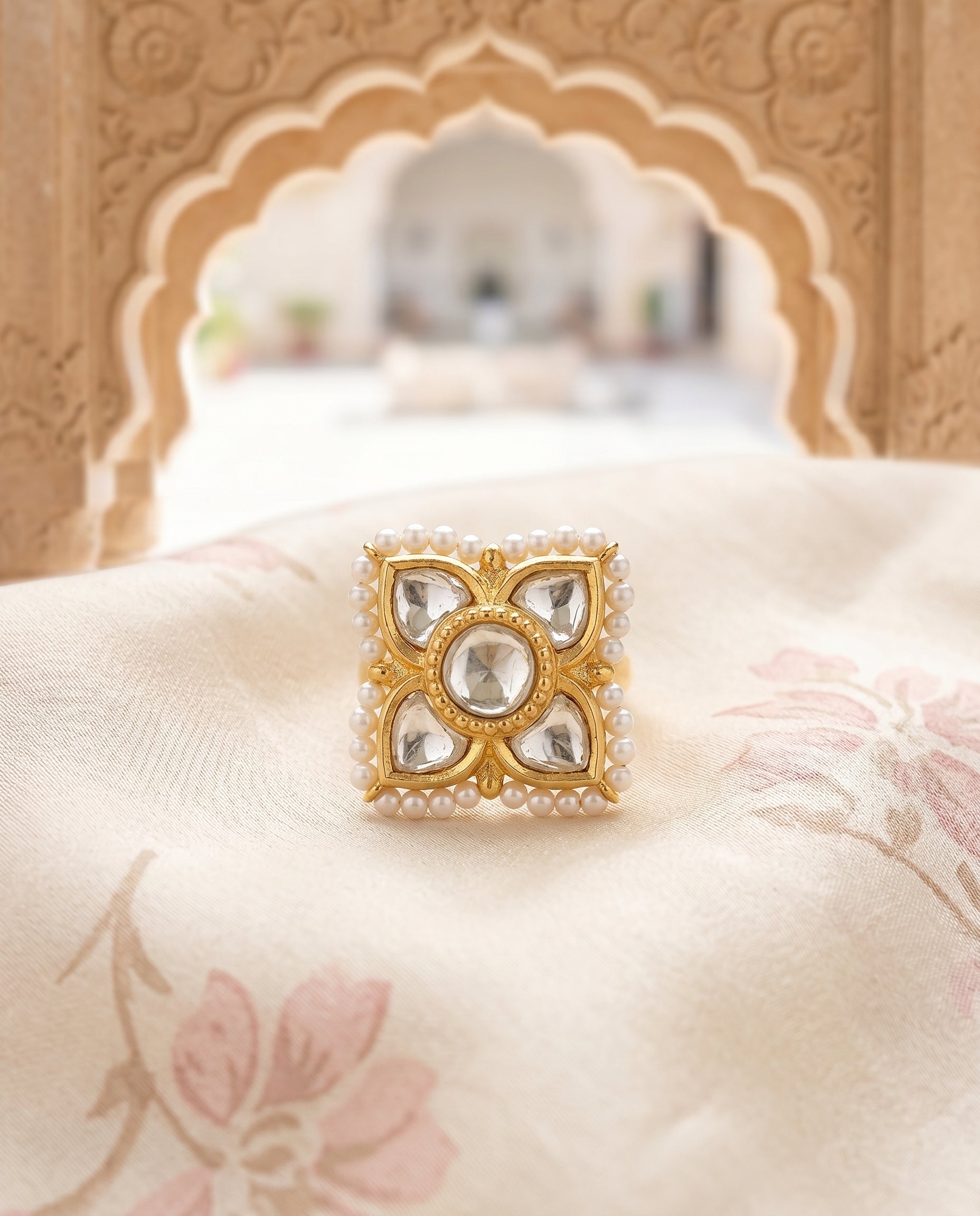 Handcrafted 22kt Gold Petal Ring with Certified Syndicate Polki in Petal Motif Thapa Work