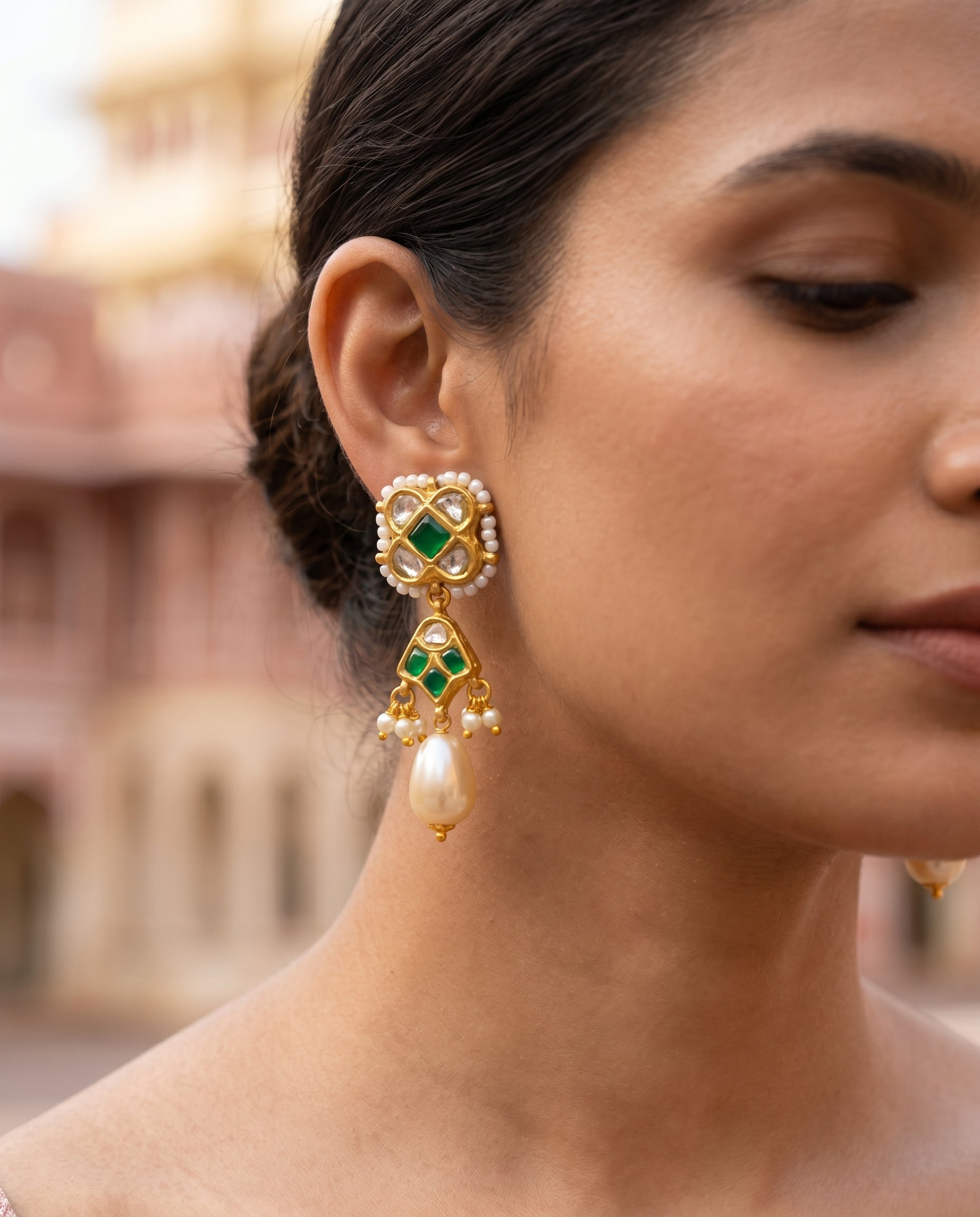 Handcrafted 22kt Gold Green Chowfully Trifully Drop Earrings with Certified Syndicate Polki and Green Semi Precious Stones in Floral Cluster Thapa Work