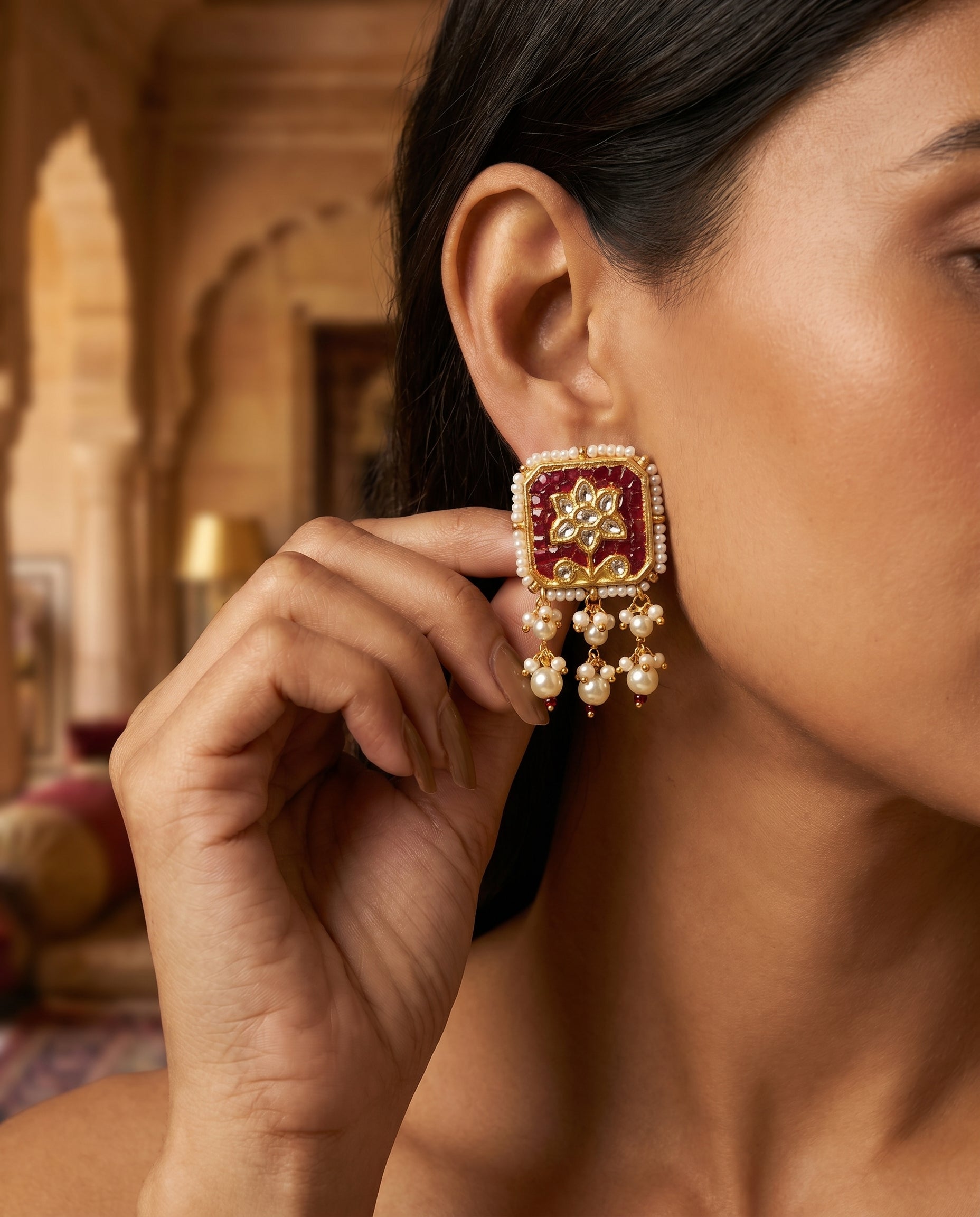 Jharoka Red square flower earrings | Vama Gears