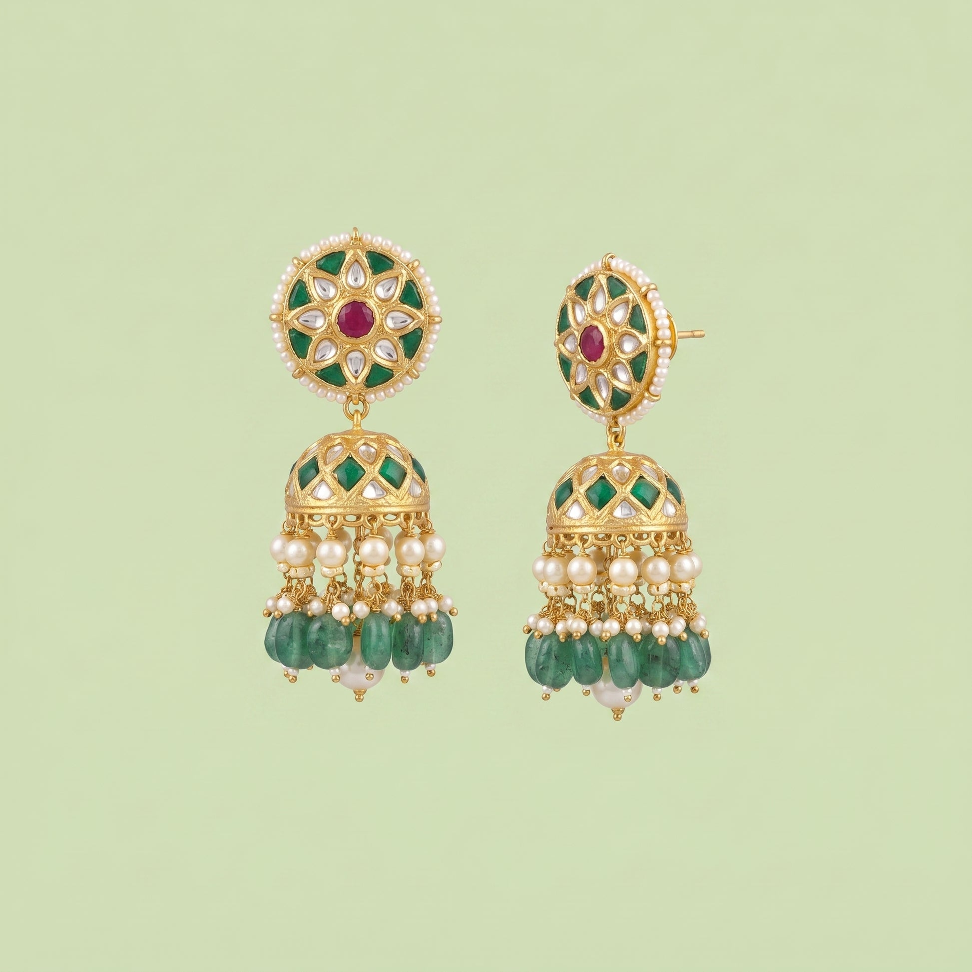 Handcrafted 22kt Gold Green Drop Jhumkis with 2 Carat Certified Syndicate Polki and Green Semi Precious Stone Drops in Thapa Work