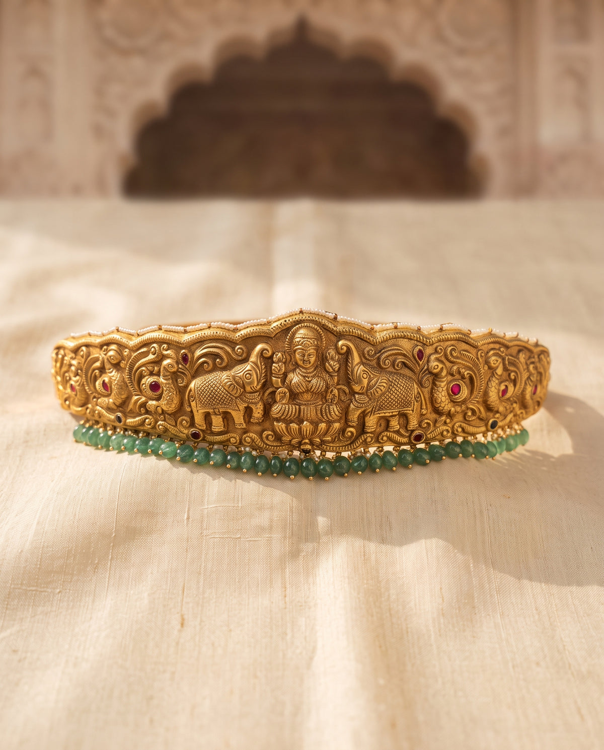 Handcrafted 22kt 916 Hallmarked Gold Temple Belt Kamarband Waist Ornament with Temple Motifs in Thapa Work