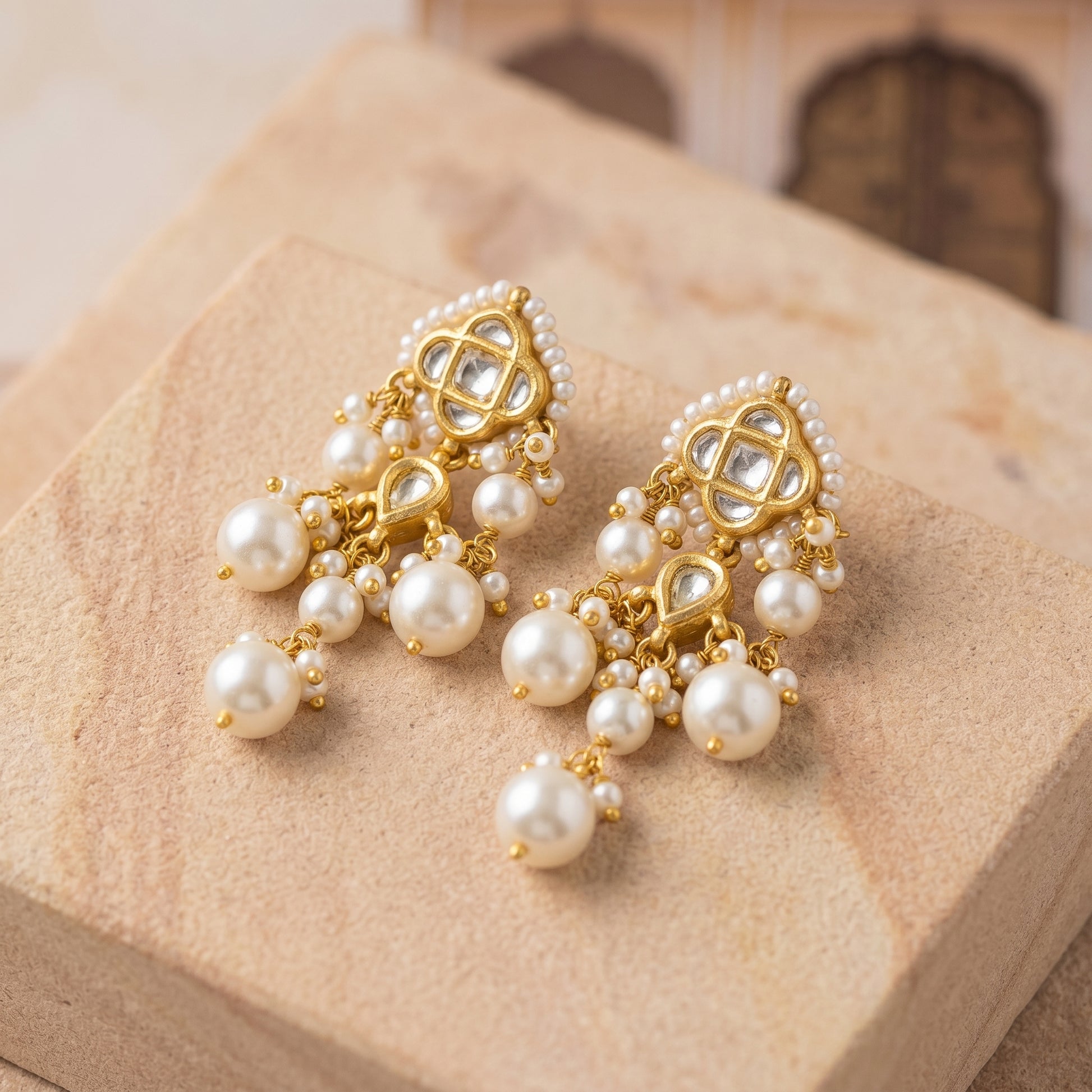 Handcrafted 22kt Gold White Chowfully Earrings with Certified Syndicate Polki and White Semi Precious Stones in Floral Cluster Thapa Work