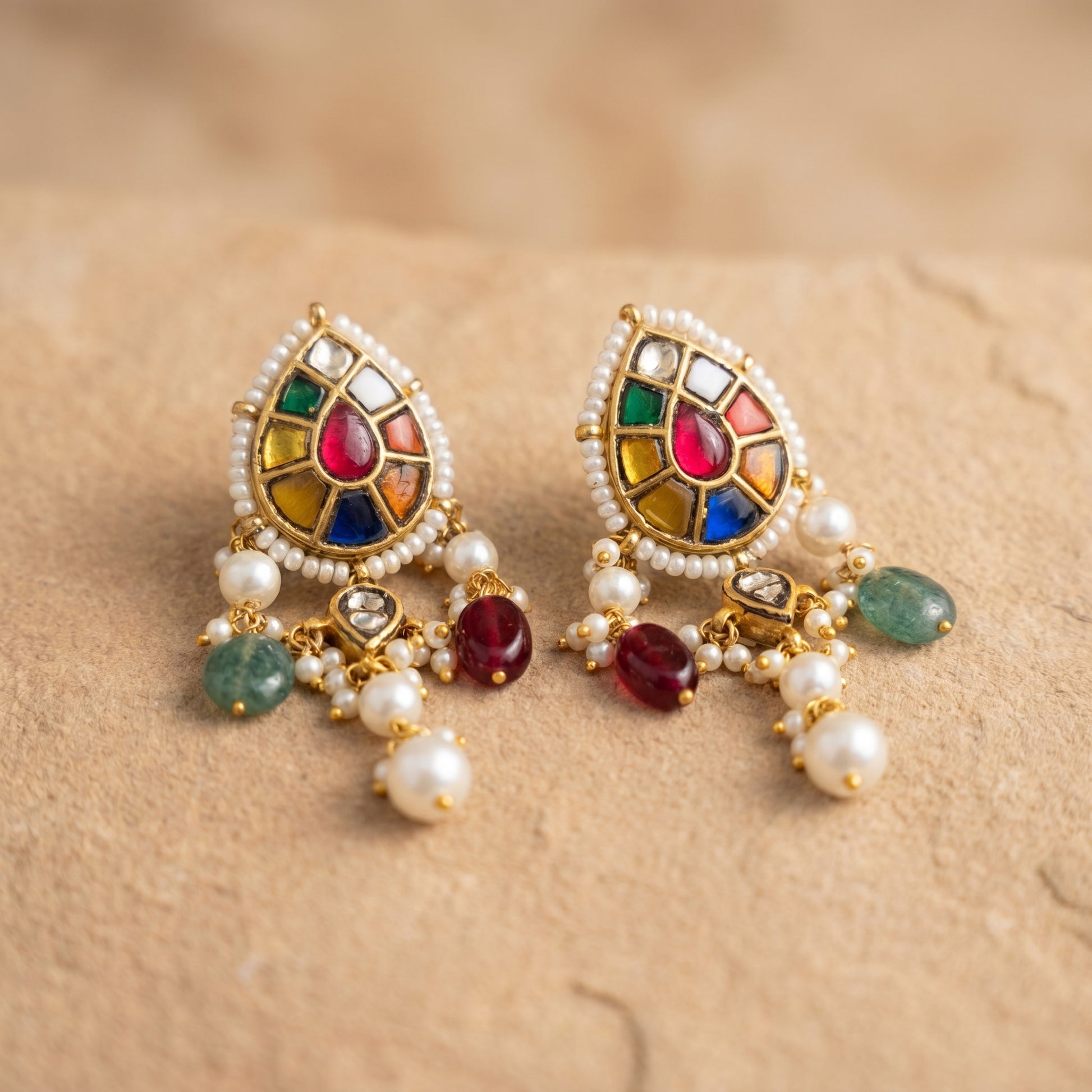 Jharoka Diamond navaratan studs with danglers | Vama Gears