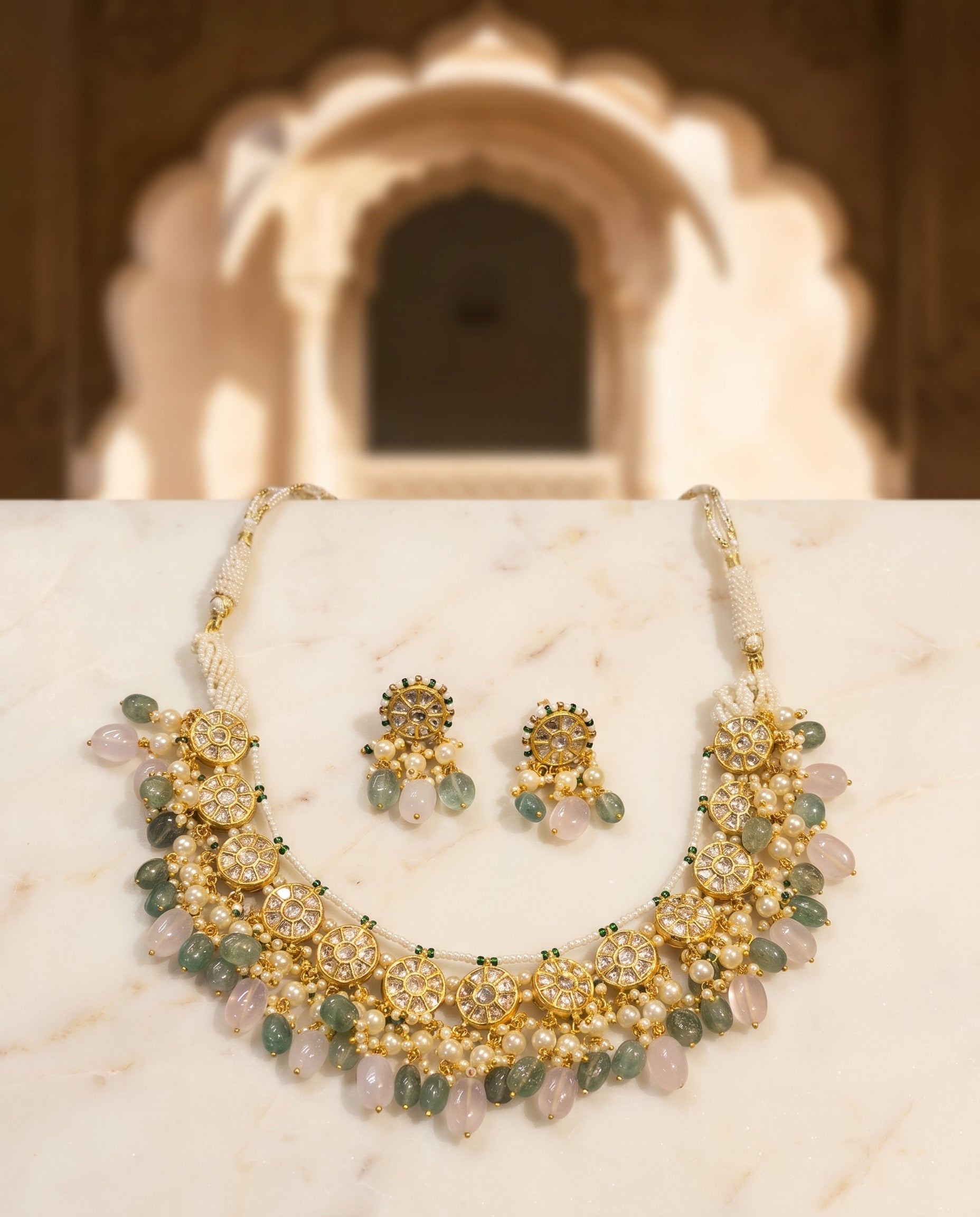 Jharoka Round motive green pink necklace | Vama Gears