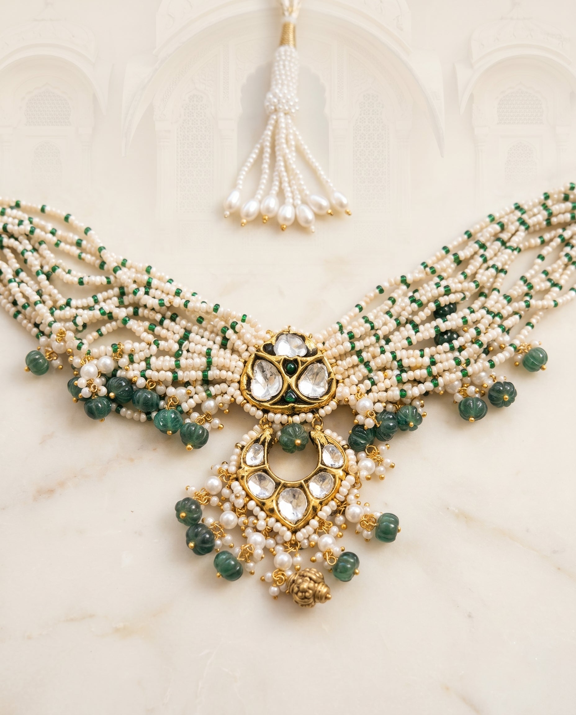 Handcrafted 22kt Gold Green Triangle Choker with Certified Syndicate Polki and Green Semi Precious Stones in Thapa Work