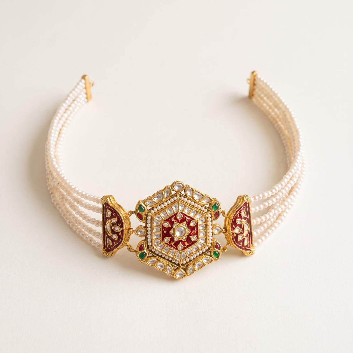 Handcrafted 22kt Gold Red Meenakari Choker Set with 5 Carat Certified Syndicate Polki and Red Meenakari Enamel Work in Thapa Work