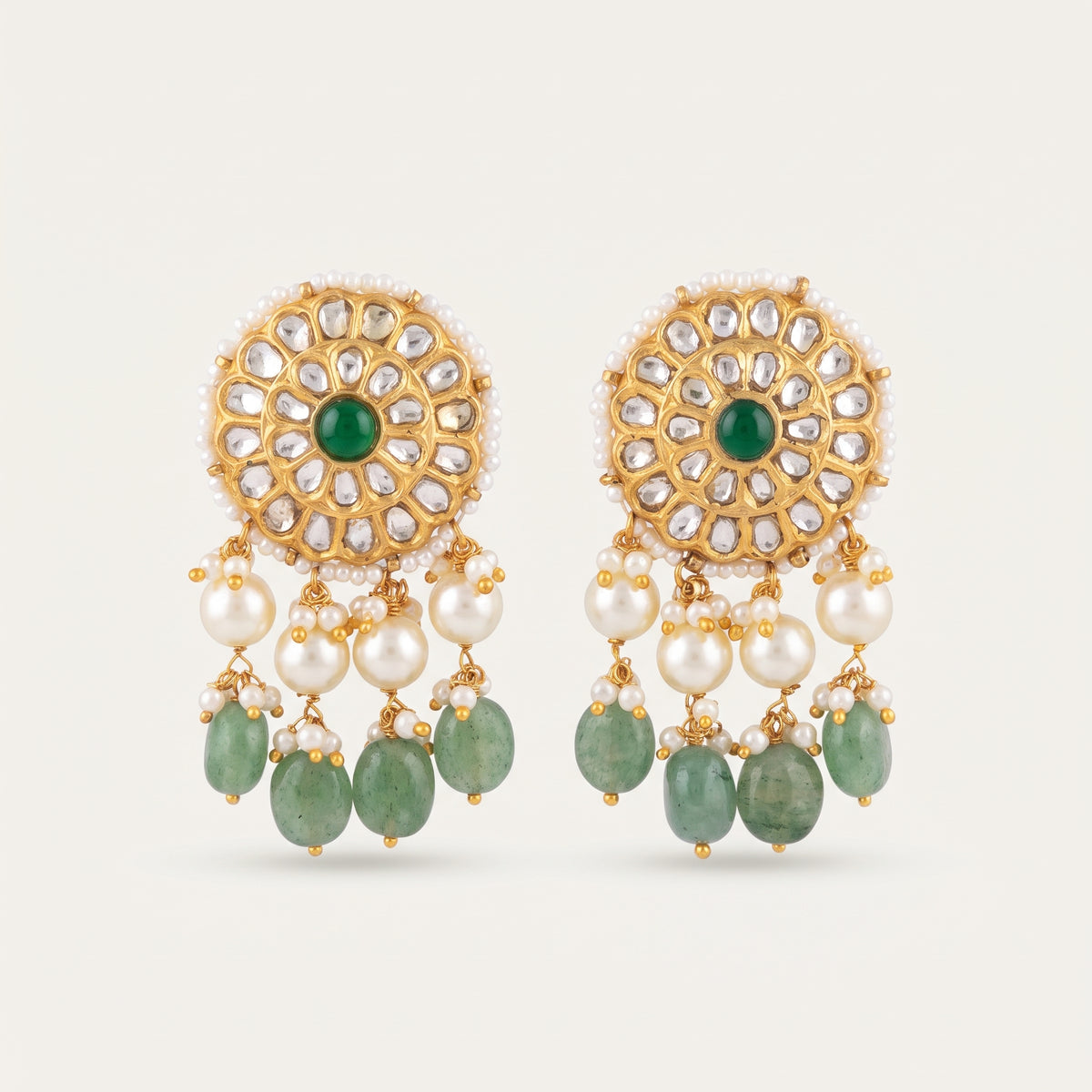 Handcrafted 22kt Gold Green Studs with 2 Carat Certified Syndicate Polki and Green Semi Precious Stones in Lightweight Gold Sheet Work