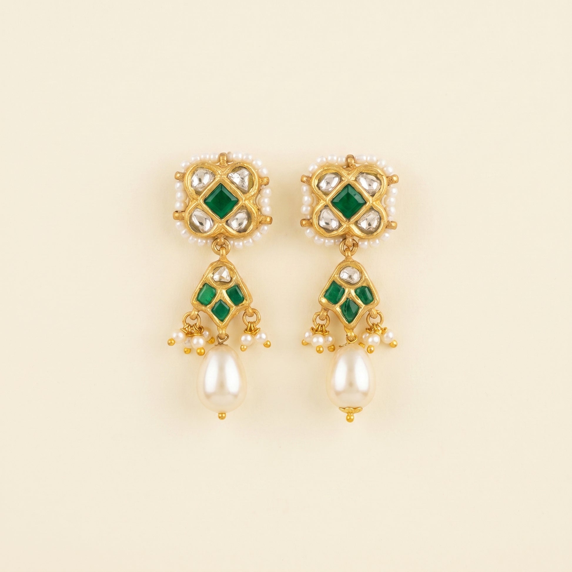 Handcrafted 22kt Gold Green Chowfully Trifully Drop Earrings with Certified Syndicate Polki and Green Semi Precious Stones in Floral Cluster Thapa Work