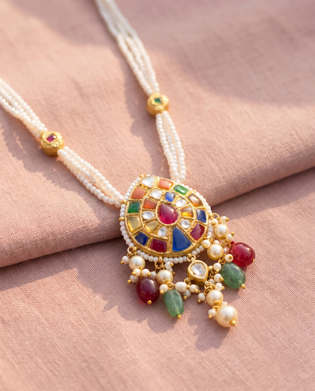 Handcrafted 22kt Gold Oval Navratan Pendant with 2 Carat Certified Syndicate Polki and Multi-Colour Semi Precious Stones in Thapa Work
