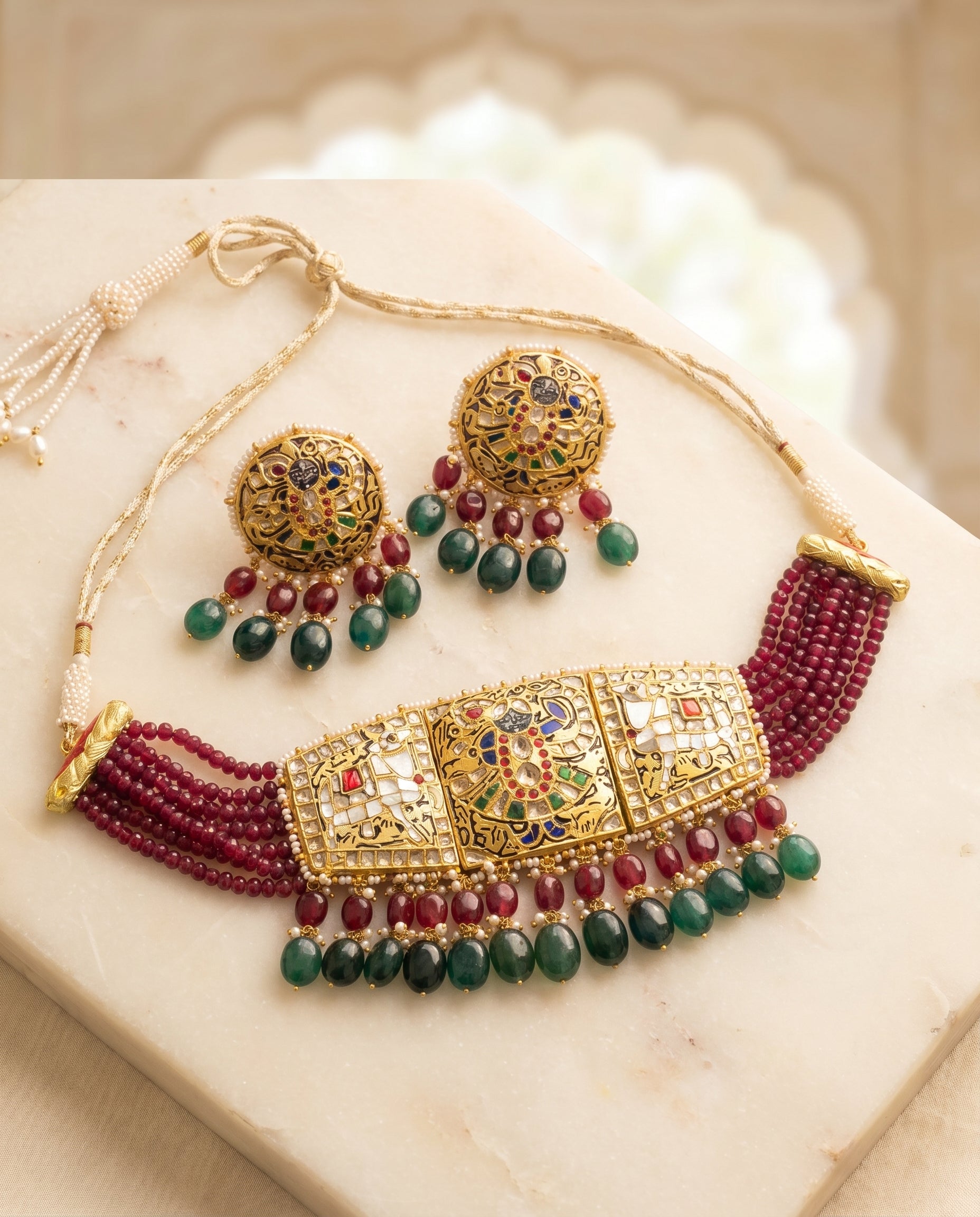 Jharoka Shreenathji choker set green and maroon | Vama Gears