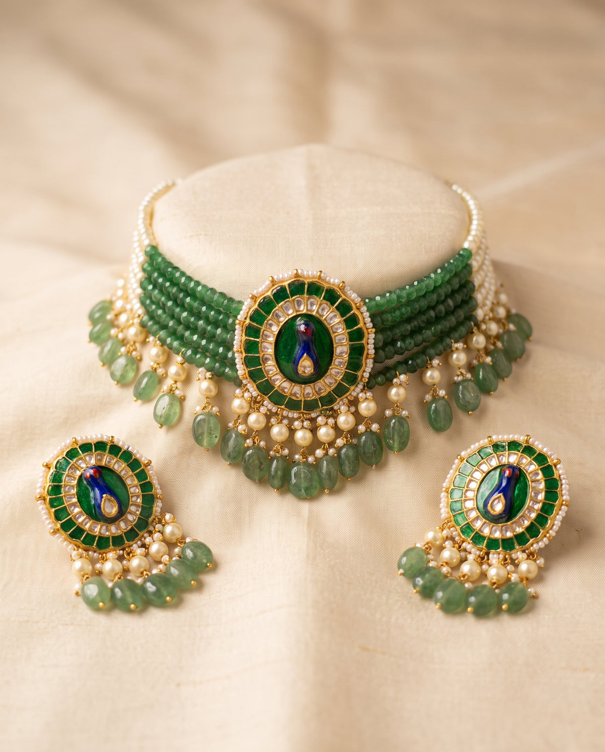 Handcrafted 22kt Gold Meenakari Peacock Choker Set with 6 Carat Certified Syndicate Polki and Meenakari Enamel in Peacock Motif Thapa Work