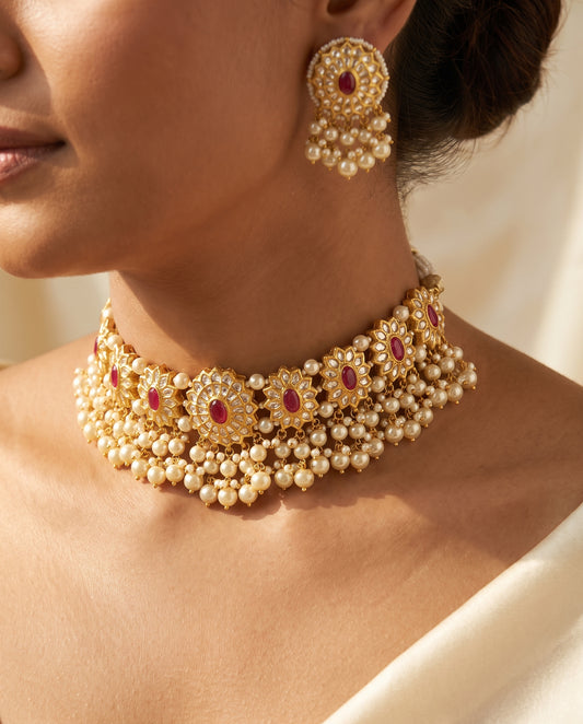 Handcrafted 22kt Gold Zohra Choker Set with 6 Carat Certified Syndicate Polki in Lightweight Gold Sheet Work