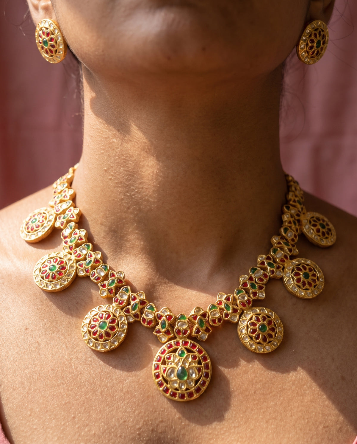 Handcrafted 22kt Gold Short Bottumala Necklace with 12 Carat Certified Syndicate Polki in Thapa Work