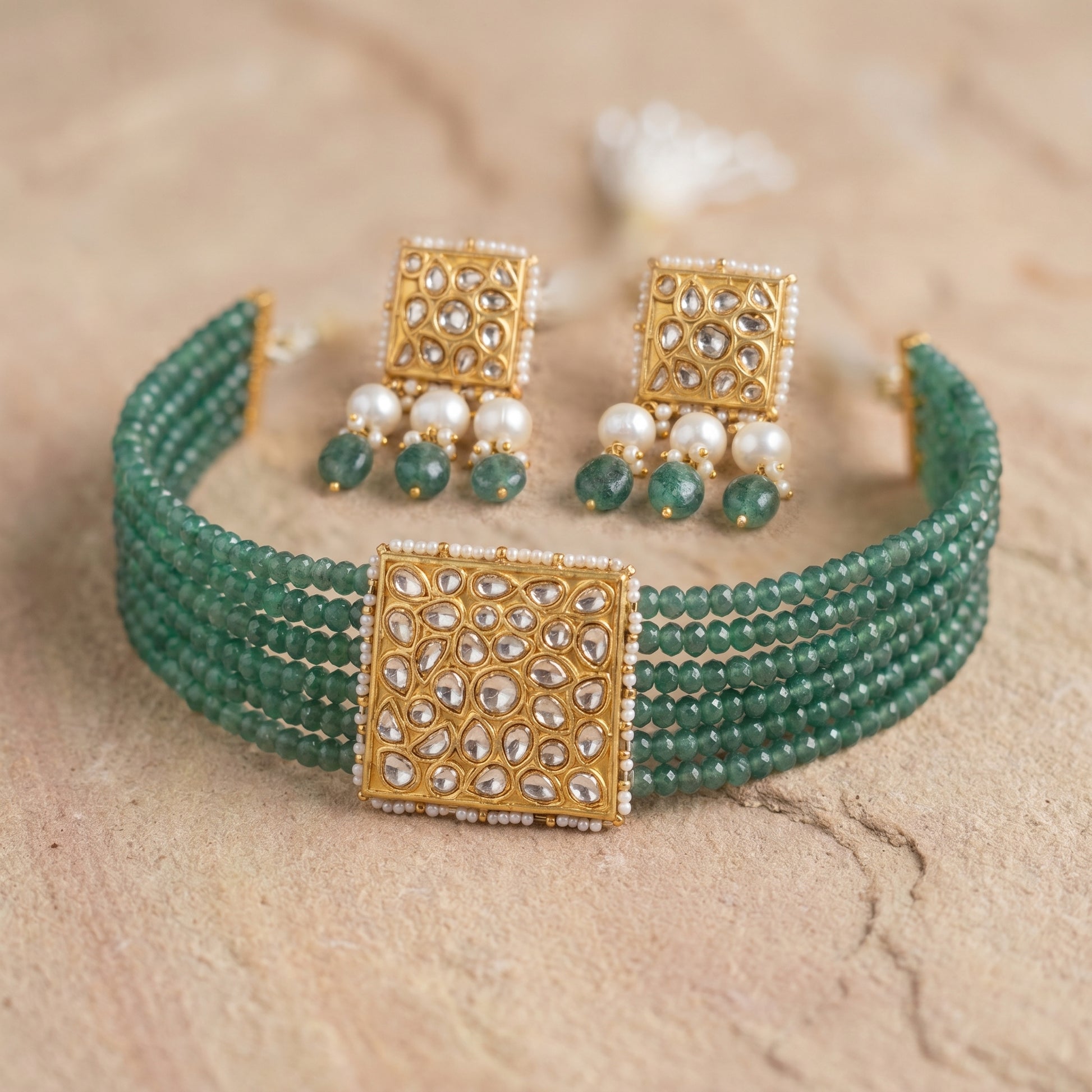 Jharoka Green bracelet cum choker set | Vama Gears