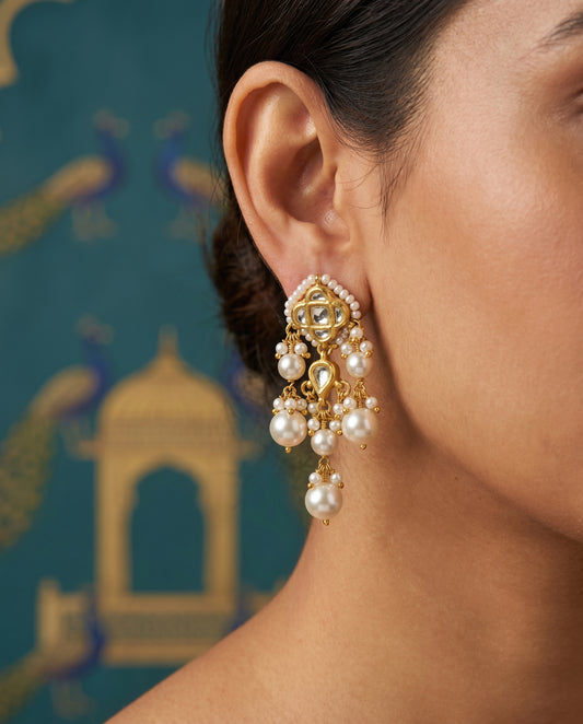 Handcrafted 22kt Gold White Chowfully Earrings with Certified Syndicate Polki and White Semi Precious Stones in Floral Cluster Thapa Work