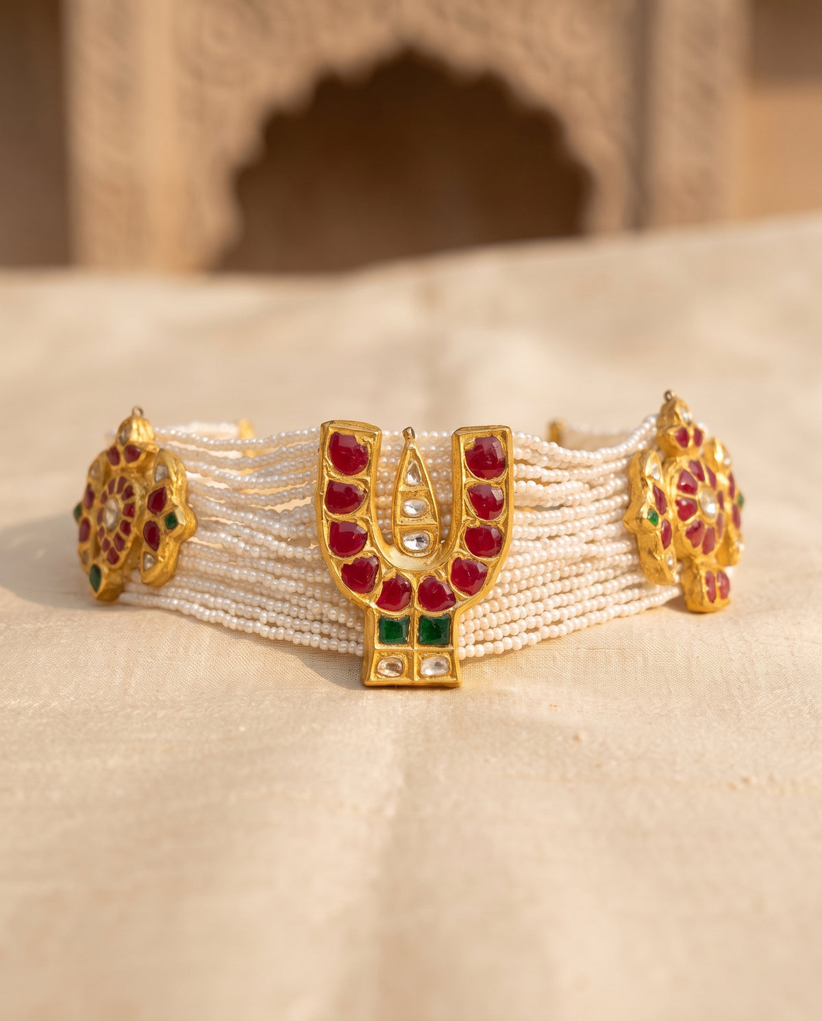 Handcrafted 22kt Gold Balaji Choker with Balaji Motif and 4 Carat Certified Syndicate Polki in Thapa Work