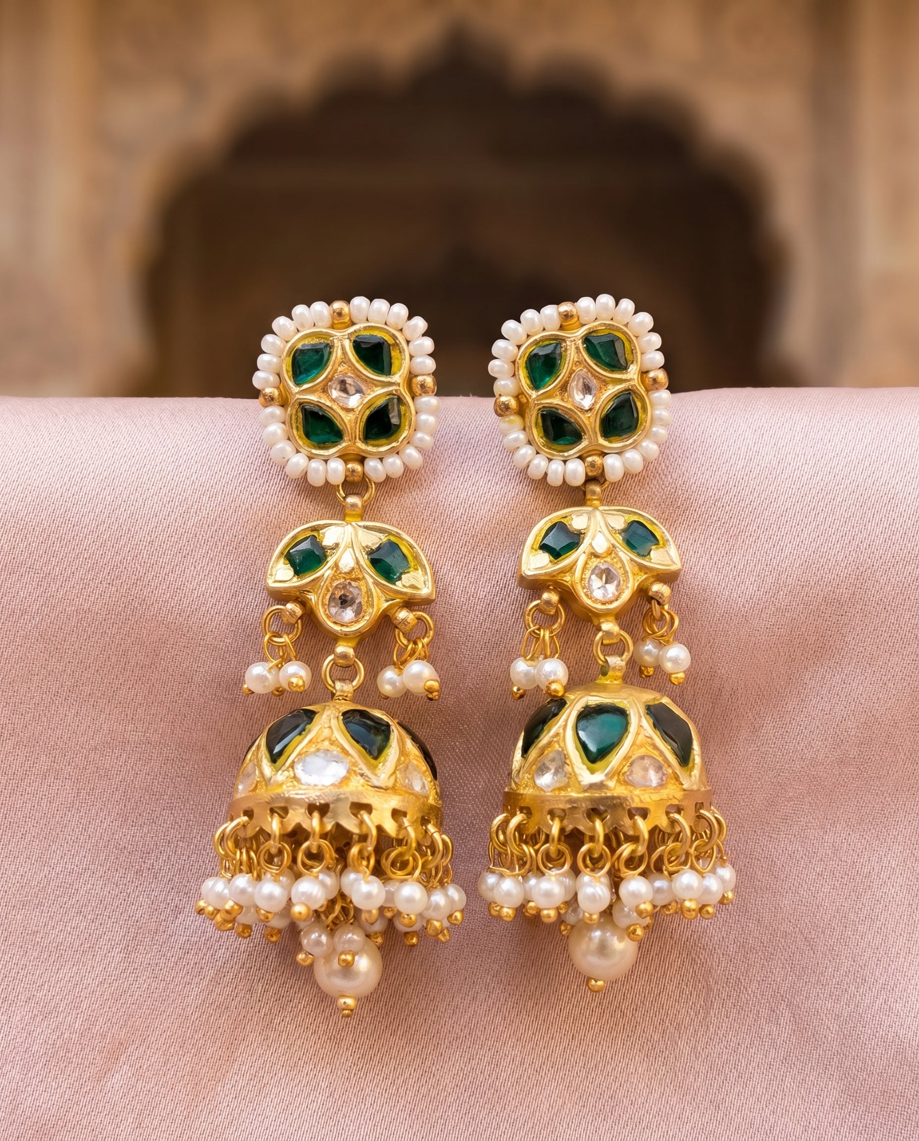Jharoka Green jhumkis | Vama Gears
