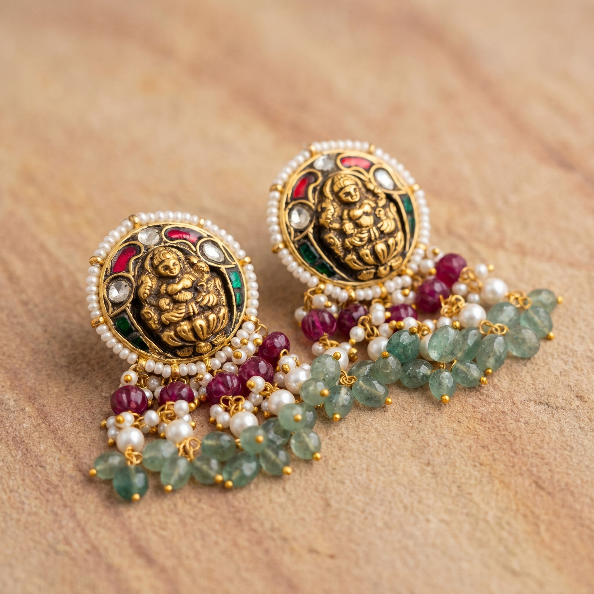 Jharoka Lakshmi ji small round studs with danglers | Vama Gears