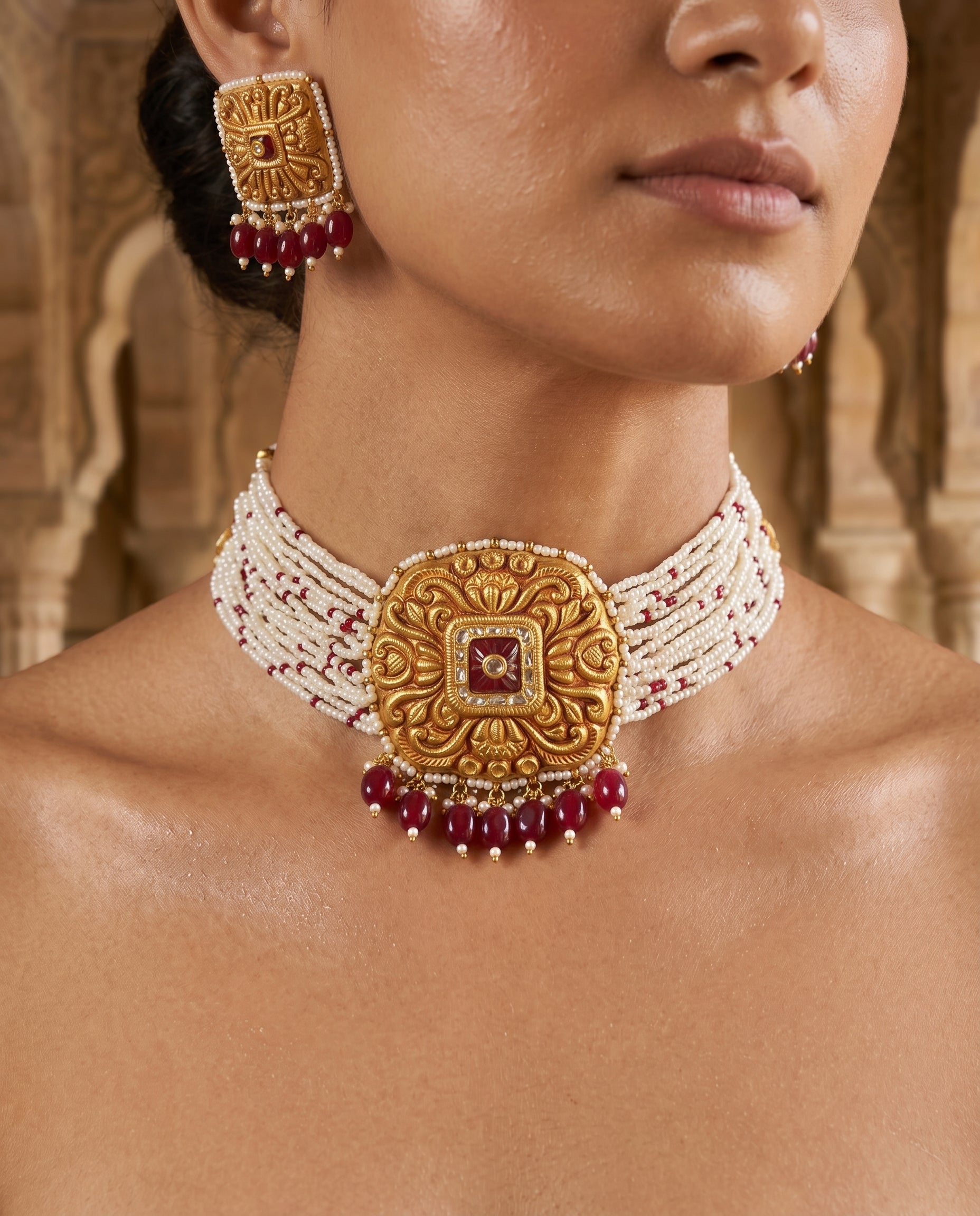 Handcrafted 22kt Gold Square Temple Choker Set with 2 Carat Certified Syndicate Polki in Temple Motif Thapa Work