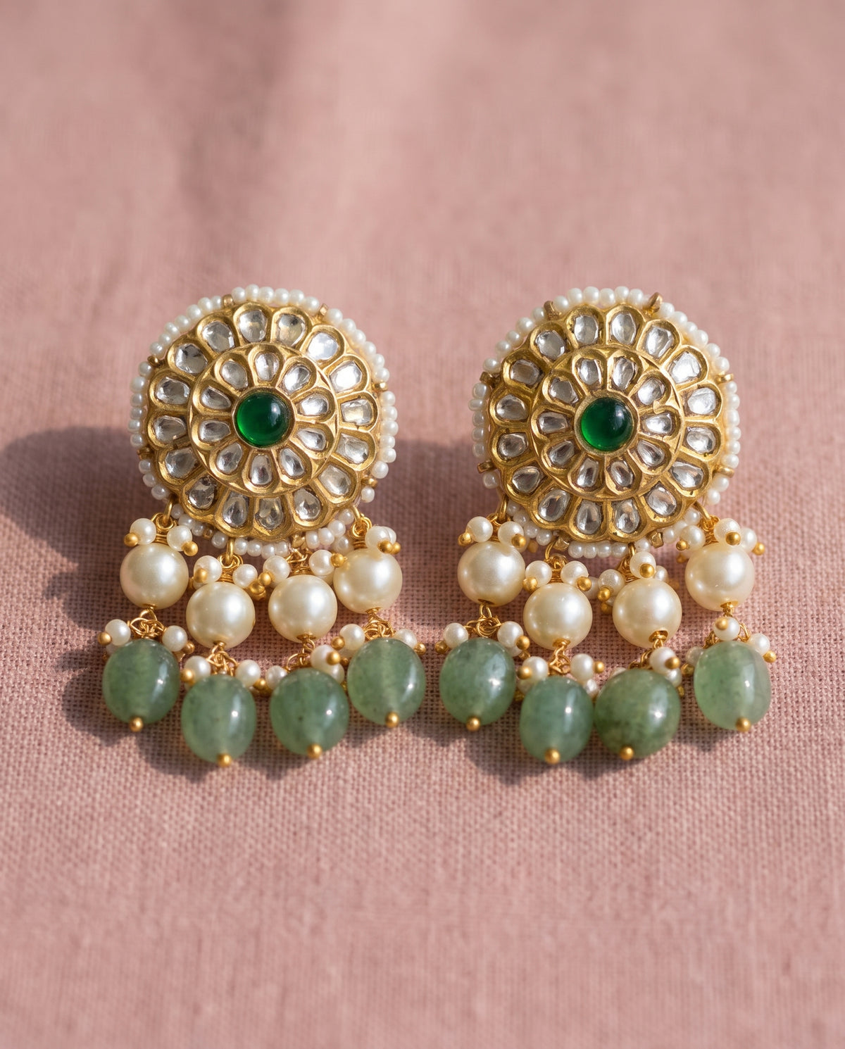 Handcrafted 22kt Gold Green Studs with 2 Carat Certified Syndicate Polki and Green Semi Precious Stones in Lightweight Gold Sheet Work