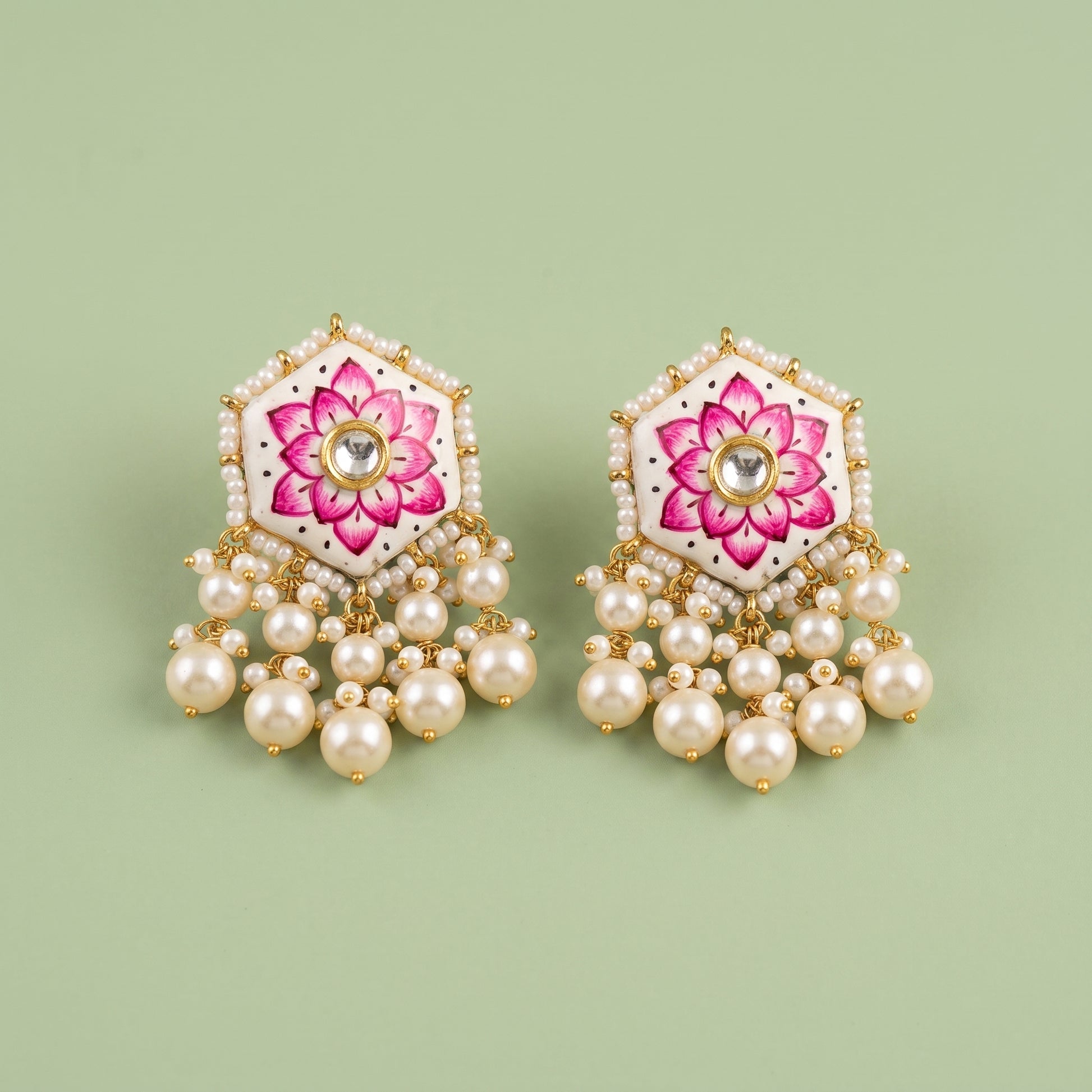Handcrafted 22kt Gold White Meenakari Studs with 2 Carat Certified Syndicate Polki and White Meenakari Enamel Work in Thapa Work