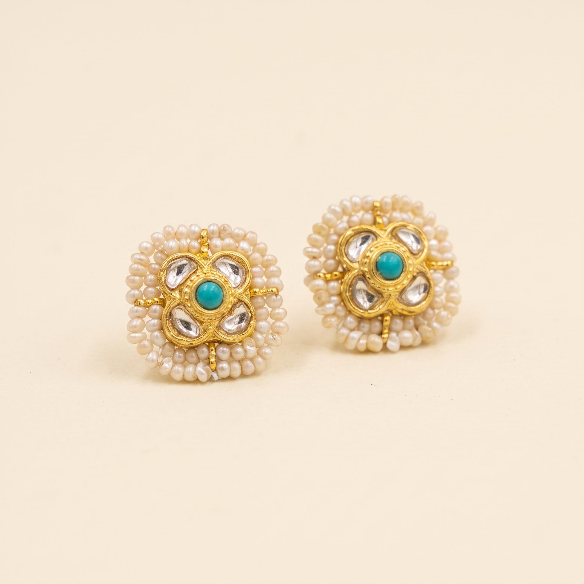 Handcrafted 22kt Gold Feroza Double Pearl Studs with Certified Syndicate Polki Turquoise Feroza and Two Pearls in Thapa Work