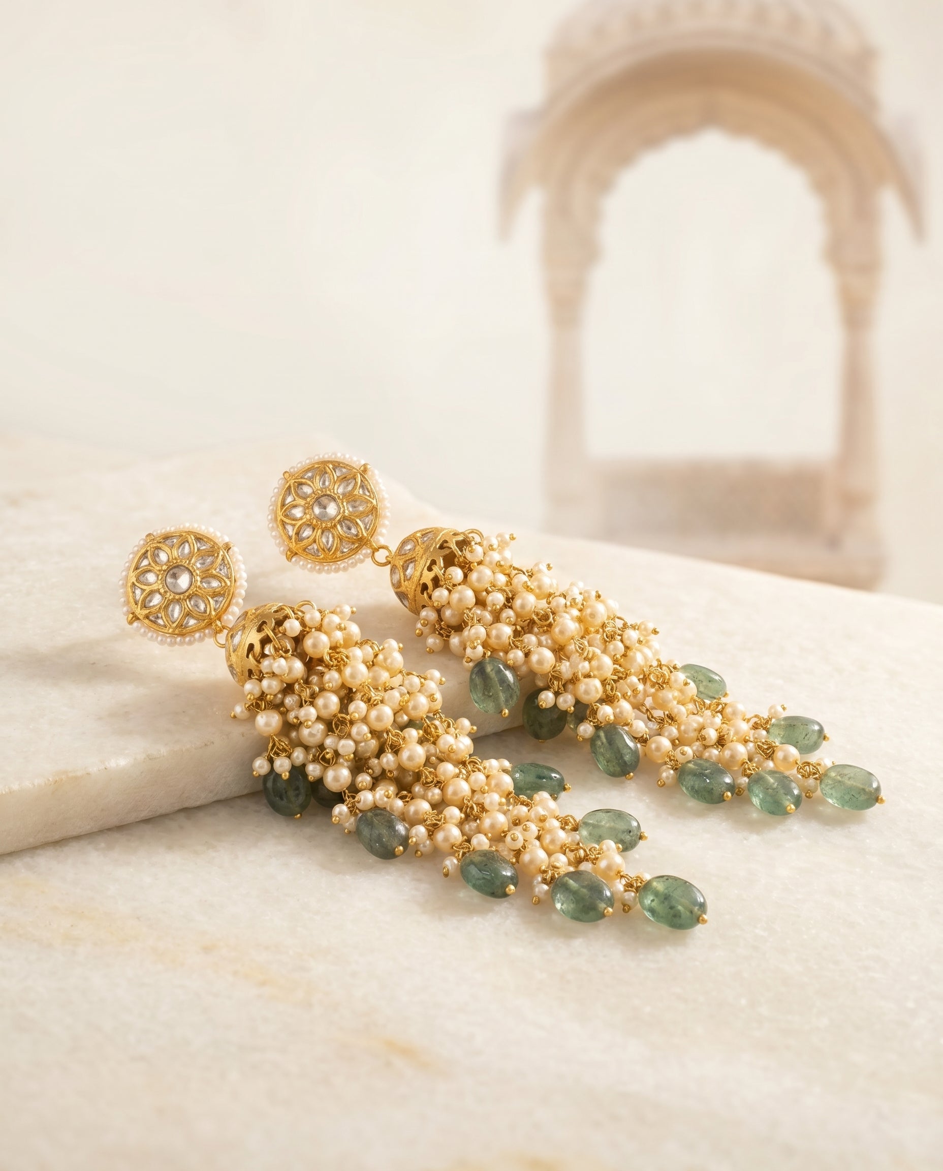 Jharoka Green waterfall long jhumkis | Vama Gears