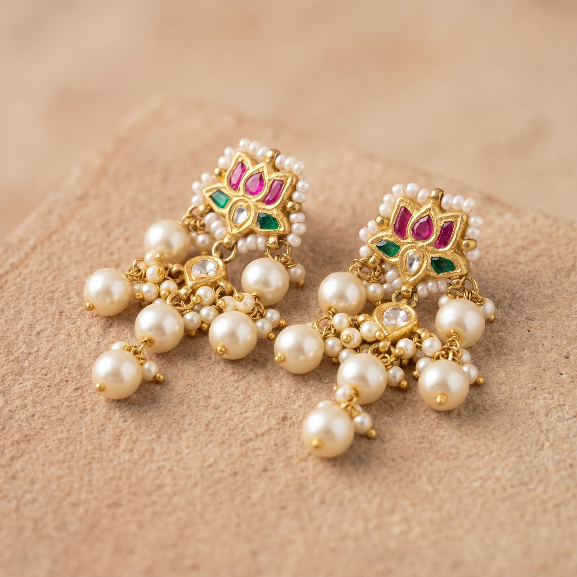 Handcrafted 22kt Gold White Lotus Earrings with Certified Syndicate Polki and White Stones in Lotus Motif Thapa Work