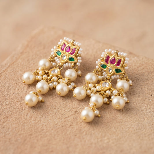 Handcrafted 22kt Gold White Lotus Earrings with Certified Syndicate Polki and White Stones in Lotus Motif Thapa Work