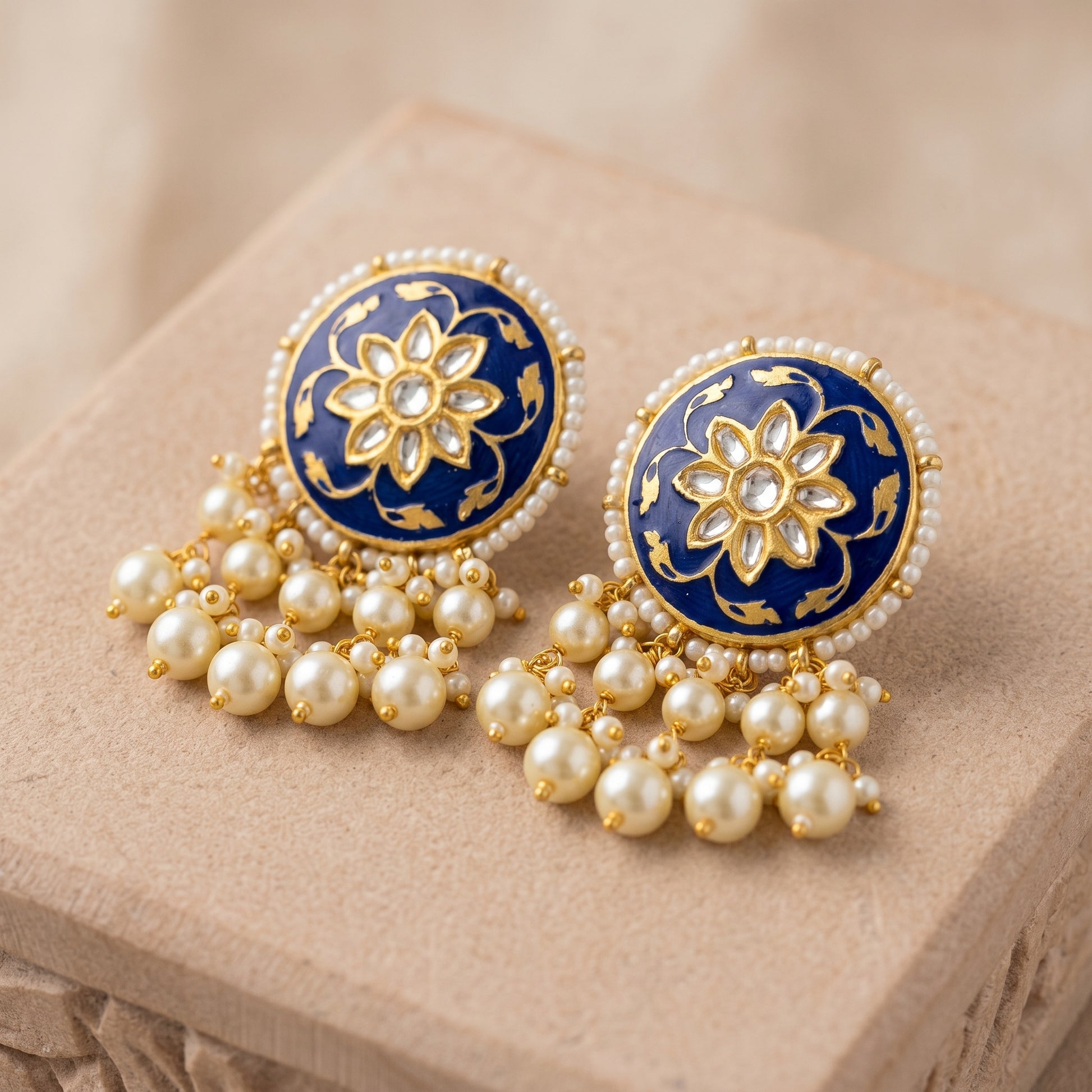 Handcrafted 22kt Gold Meenakari Studs with 2 Carat Certified Syndicate Polki and Meenakari Enamel Work in Thapa Work