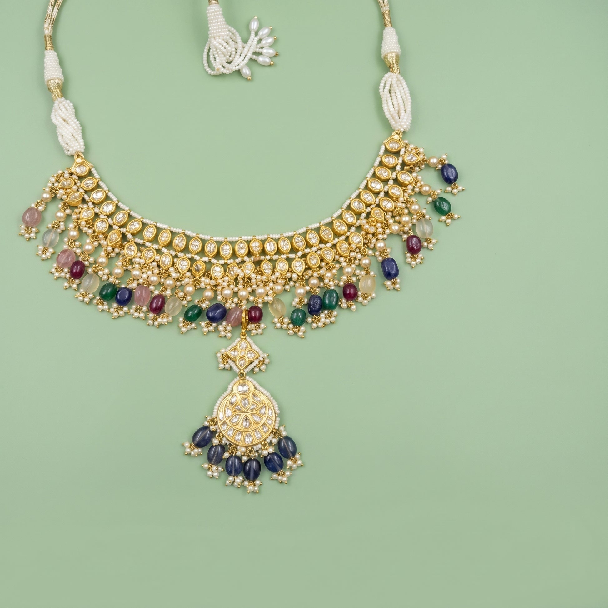 Handcrafted 22kt Gold Double Line Necklace with 8 Carat Certified Syndicate Polki in Two-Row Thapa Work Design