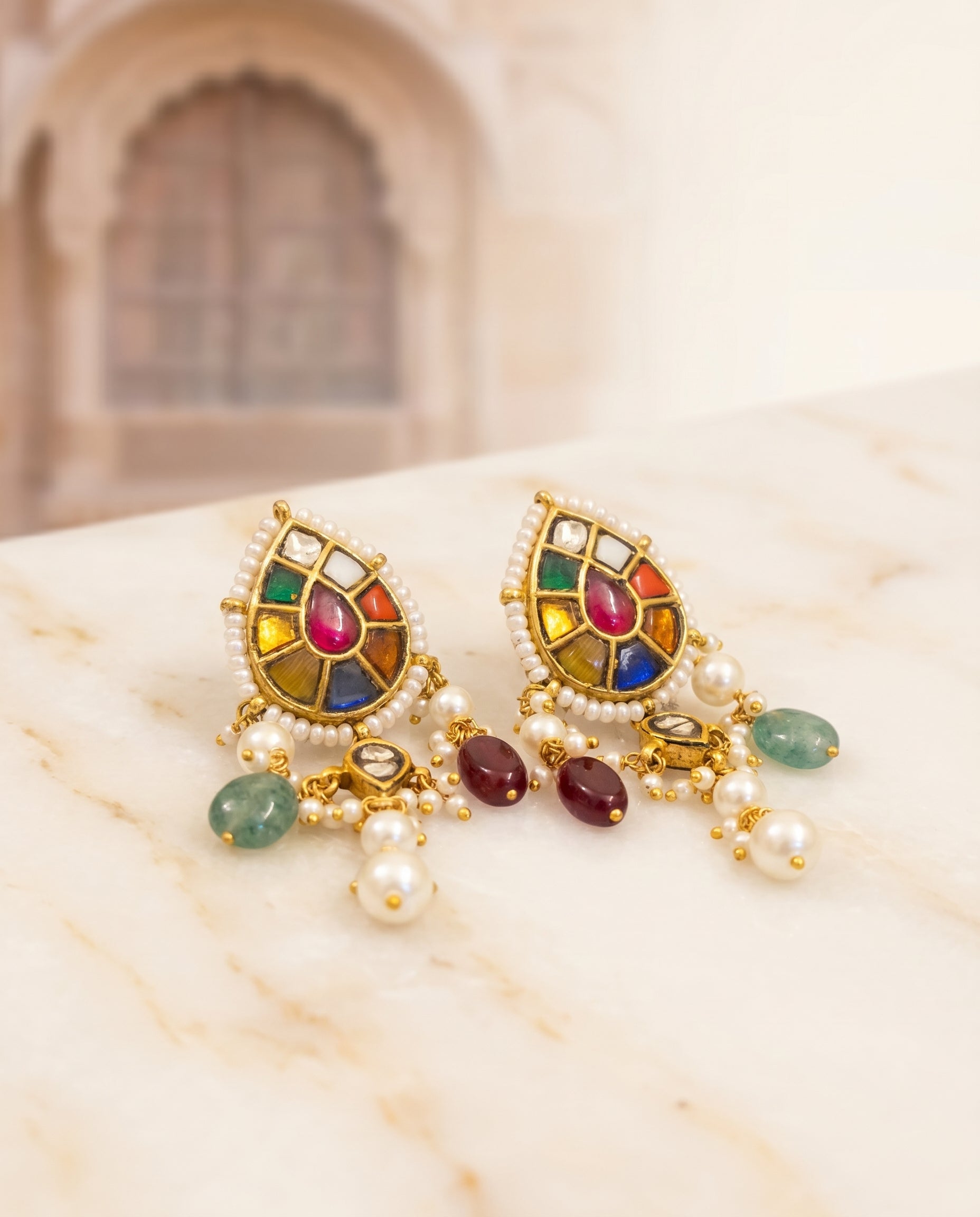 Jharoka Diamond navaratan studs with danglers | Vama Gears