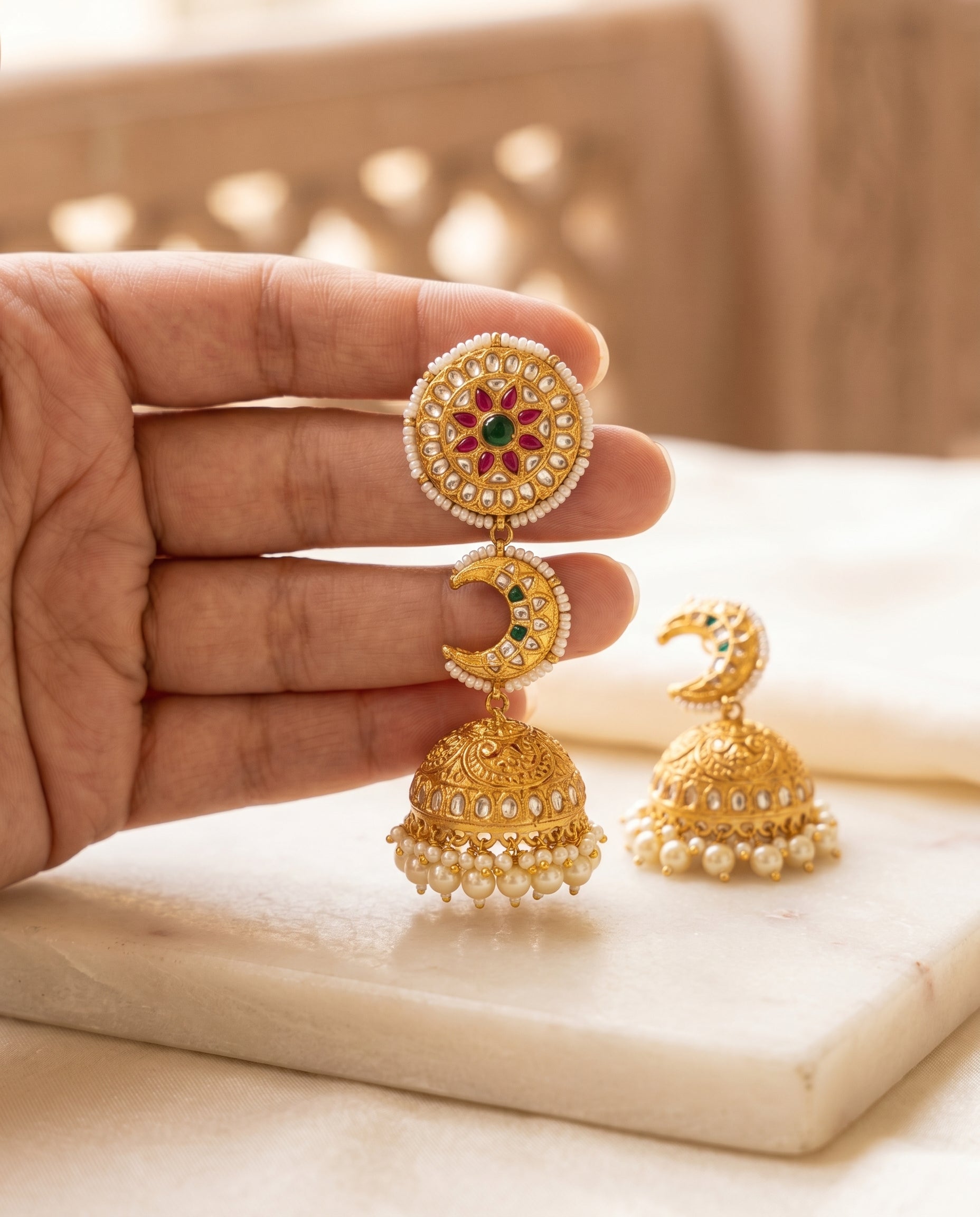 Handcrafted 22kt Gold Three Tier Chandbali Earrings with 4 Carat Certified Syndicate Polki in Cascading Crescent Thapa Work