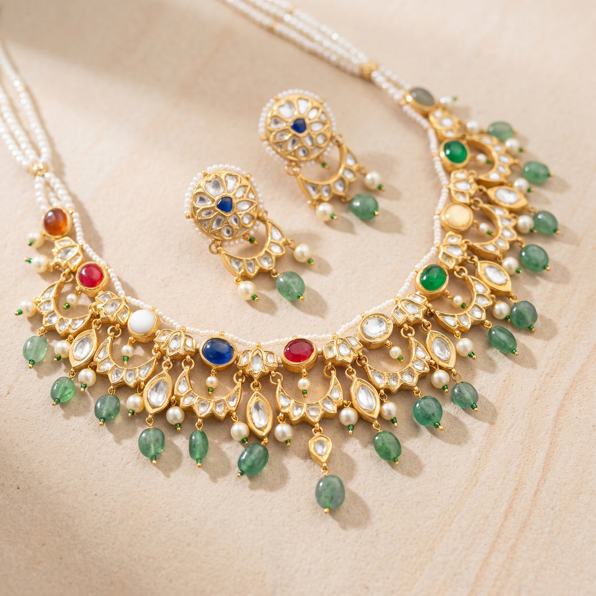 Handcrafted 22kt Gold Navratan Moon Reversible Set with 5 Carat Certified Syndicate Polki and Multi-Colour Semi Precious Stones in Thapa Work