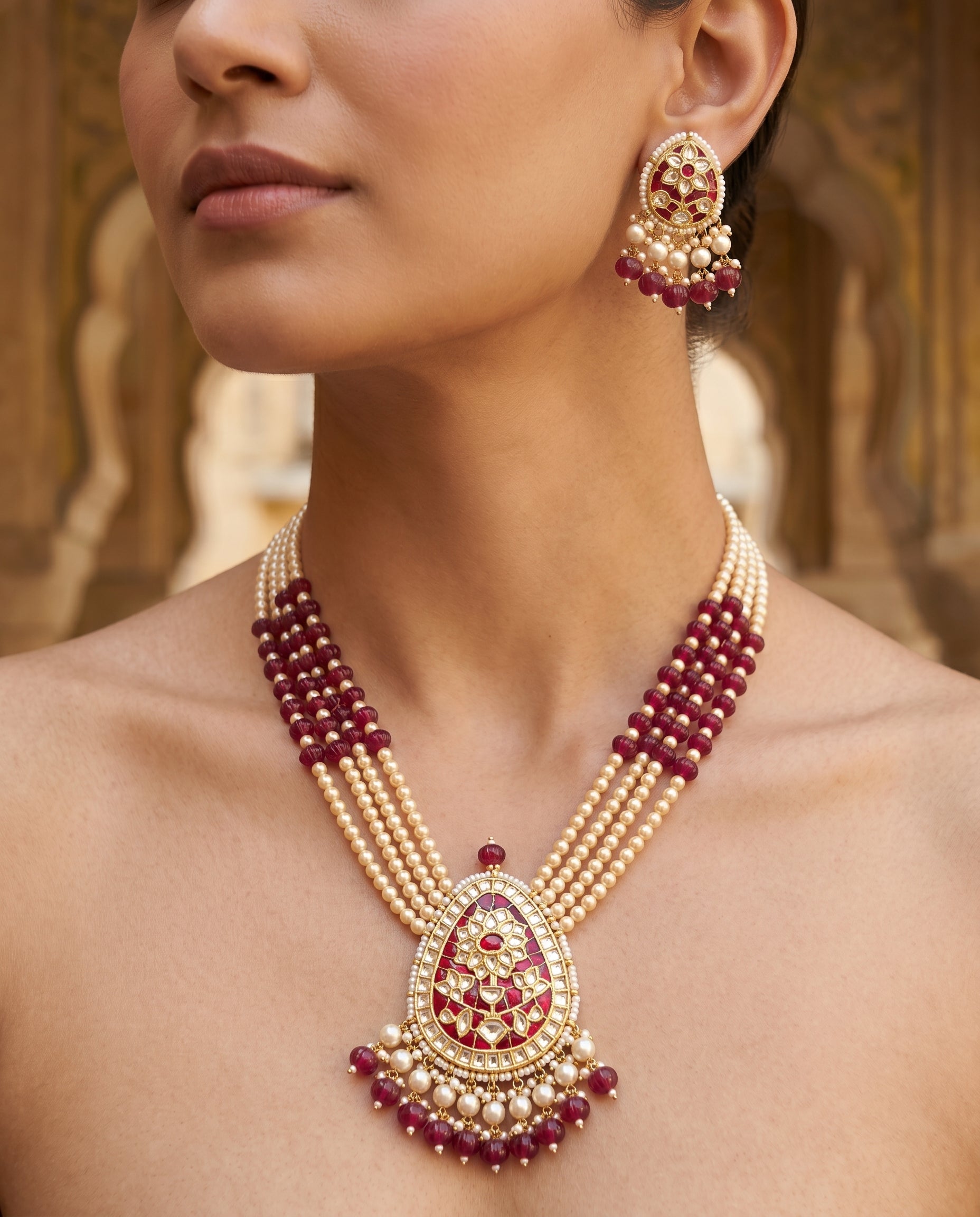 Handcrafted 22kt Gold Red Flower Pendant Set with 2 Carat Certified Syndicate Polki and Red Semi Precious Stones in Floral Thapa Work