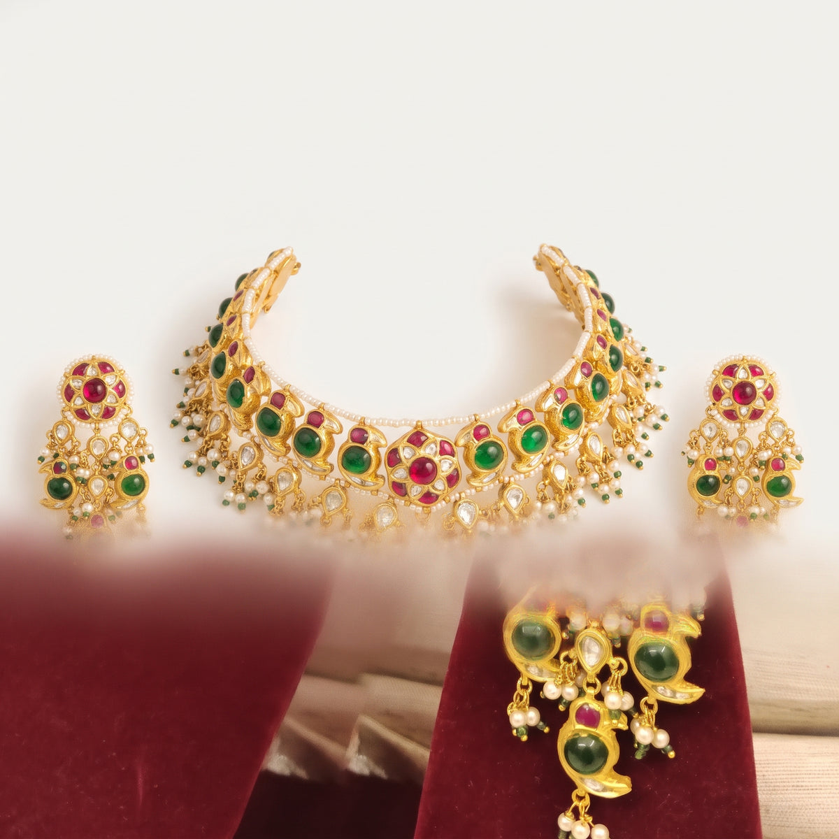 Handcrafted 22kt Gold Bird Motif Choker Set with 7 Carat Certified Syndicate Polki in Bird Motif Thapa Work