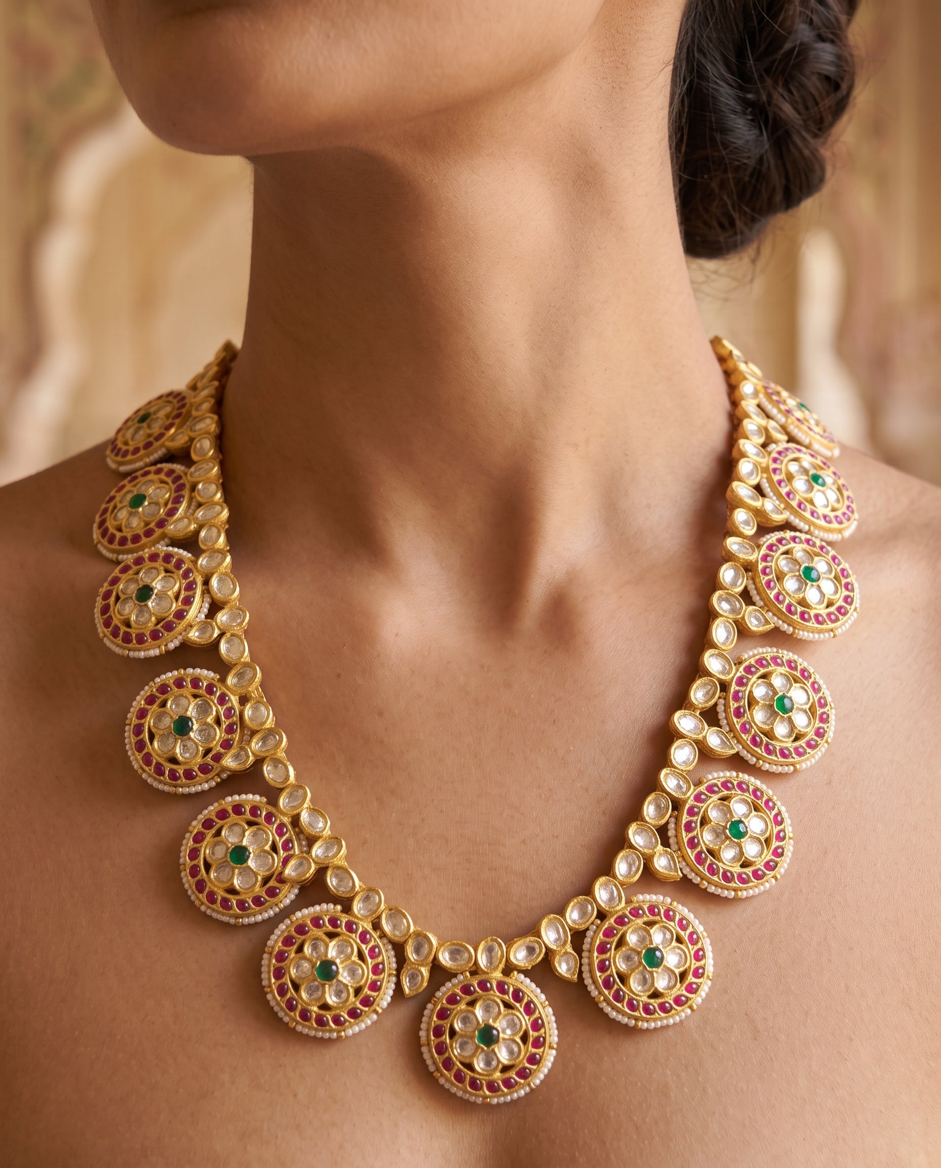 Handcrafted 22kt Gold Full Polki Bottumala Long Necklace with 20 Carat Certified Syndicate Polki Running Full Length in Thapa Work