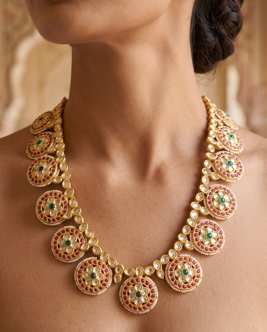 Handcrafted 22kt Gold Full Polki Bottumala Long Necklace with 20 Carat Certified Syndicate Polki Running Full Length in Thapa Work