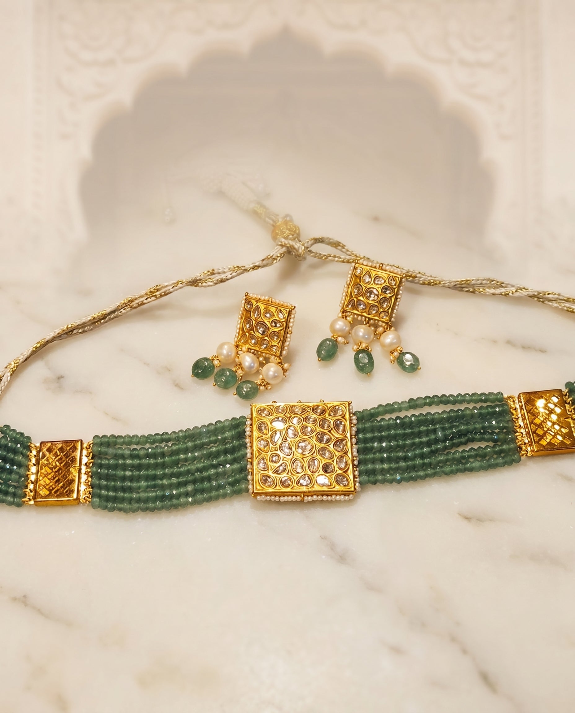 Jharoka Green bracelet cum choker set | Vama Gears