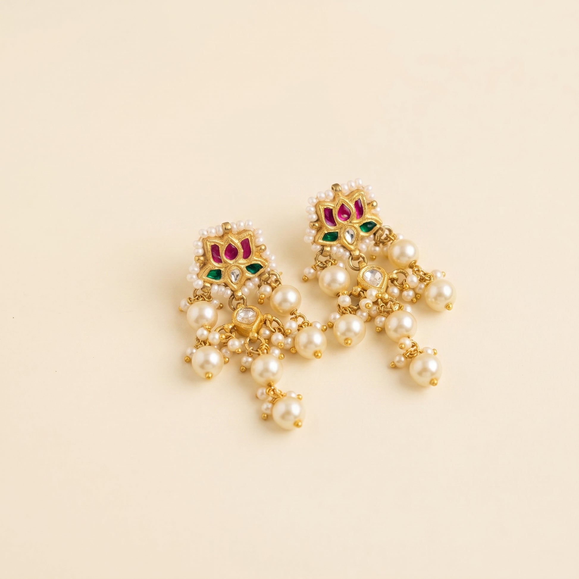 Handcrafted 22kt Gold White Lotus Earrings with Certified Syndicate Polki and White Stones in Lotus Motif Thapa Work
