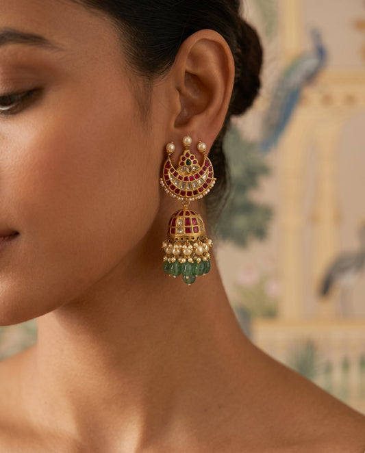 Handcrafted 22kt Gold Chand Jhumkas with Crescent Moon Top 4 Carat Certified Syndicate Polki in Thapa Work