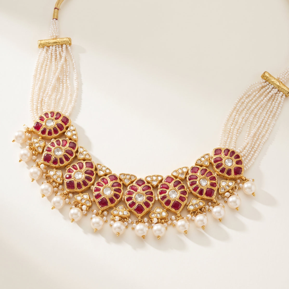 Handcrafted 22kt Gold Ruby Oval Choker Set with 8 Carat Certified Syndicate Polki and Ruby Red Semi Precious Stones in Oval Motif Thapa Work