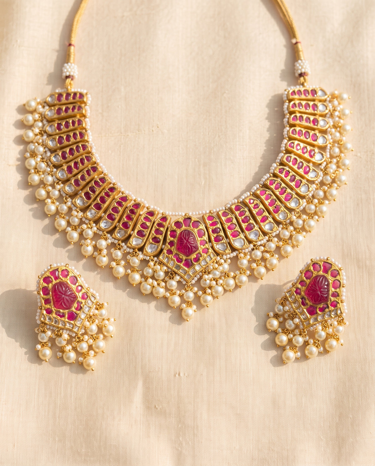 Handcrafted 22kt Gold Pink Emerald Set with 7 Carat Certified Syndicate Polki and Pink Semi Precious Stones in Thapa Work