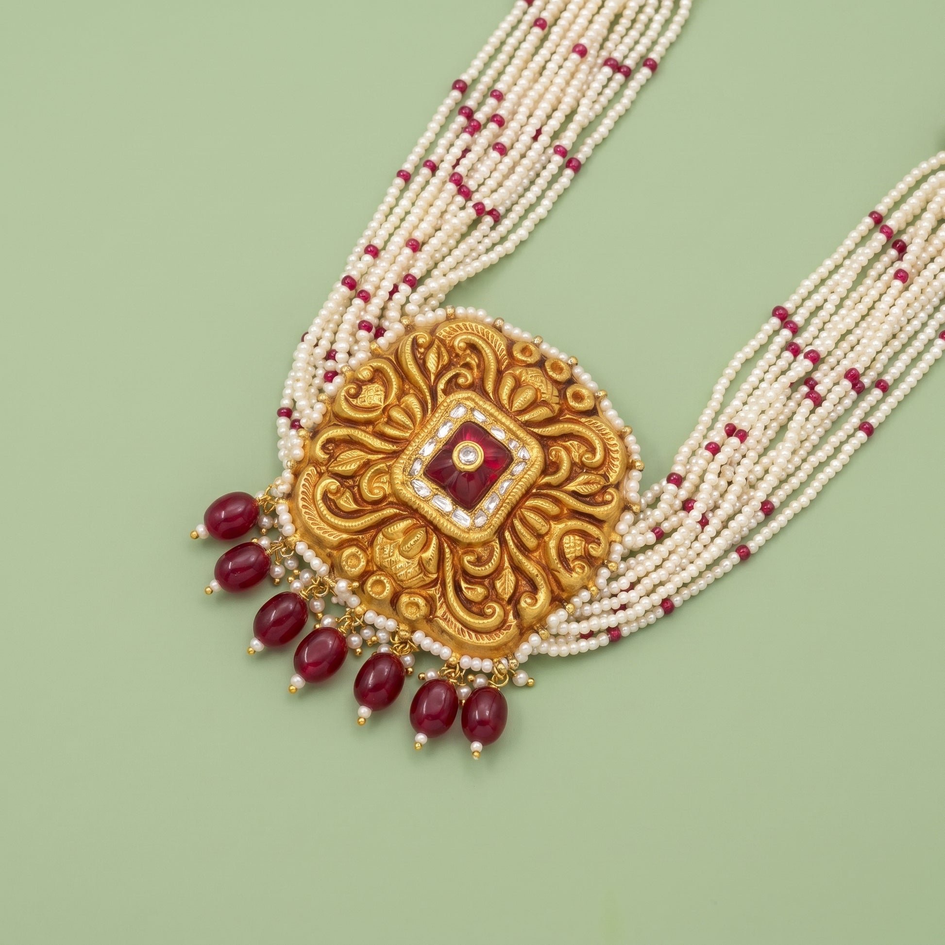 Handcrafted 22kt Gold Square Temple Pendant with Certified Syndicate Polki in Temple Motif Thapa Work