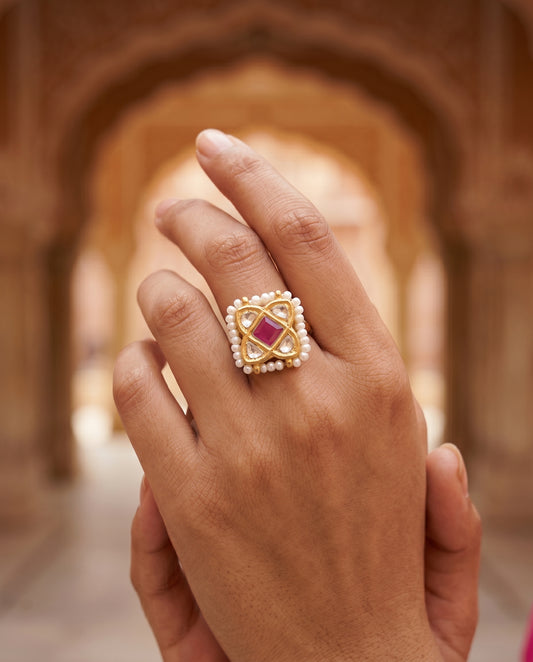 Handcrafted 22kt Gold Pink Square Ring with Certified Syndicate Polki and Pink Semi Precious Stone in Thapa Work