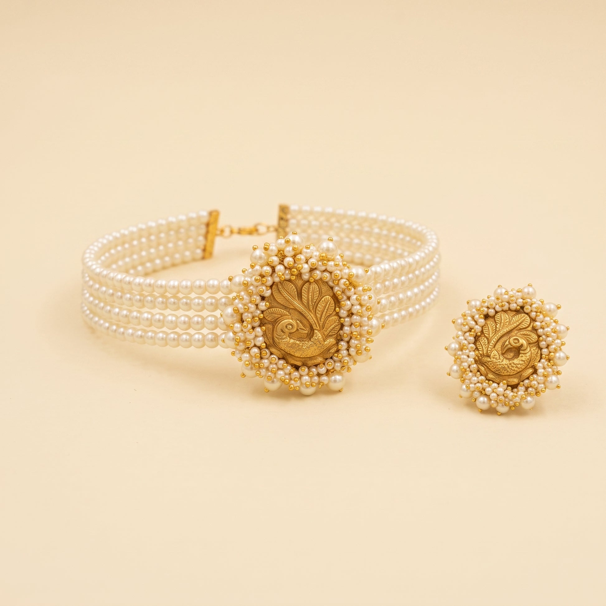Handcrafted 22kt 916 Hallmarked Gold Peacock Pearl Choker Set with Matching Earrings Peacock Motifs and Pearls in Thapa Work