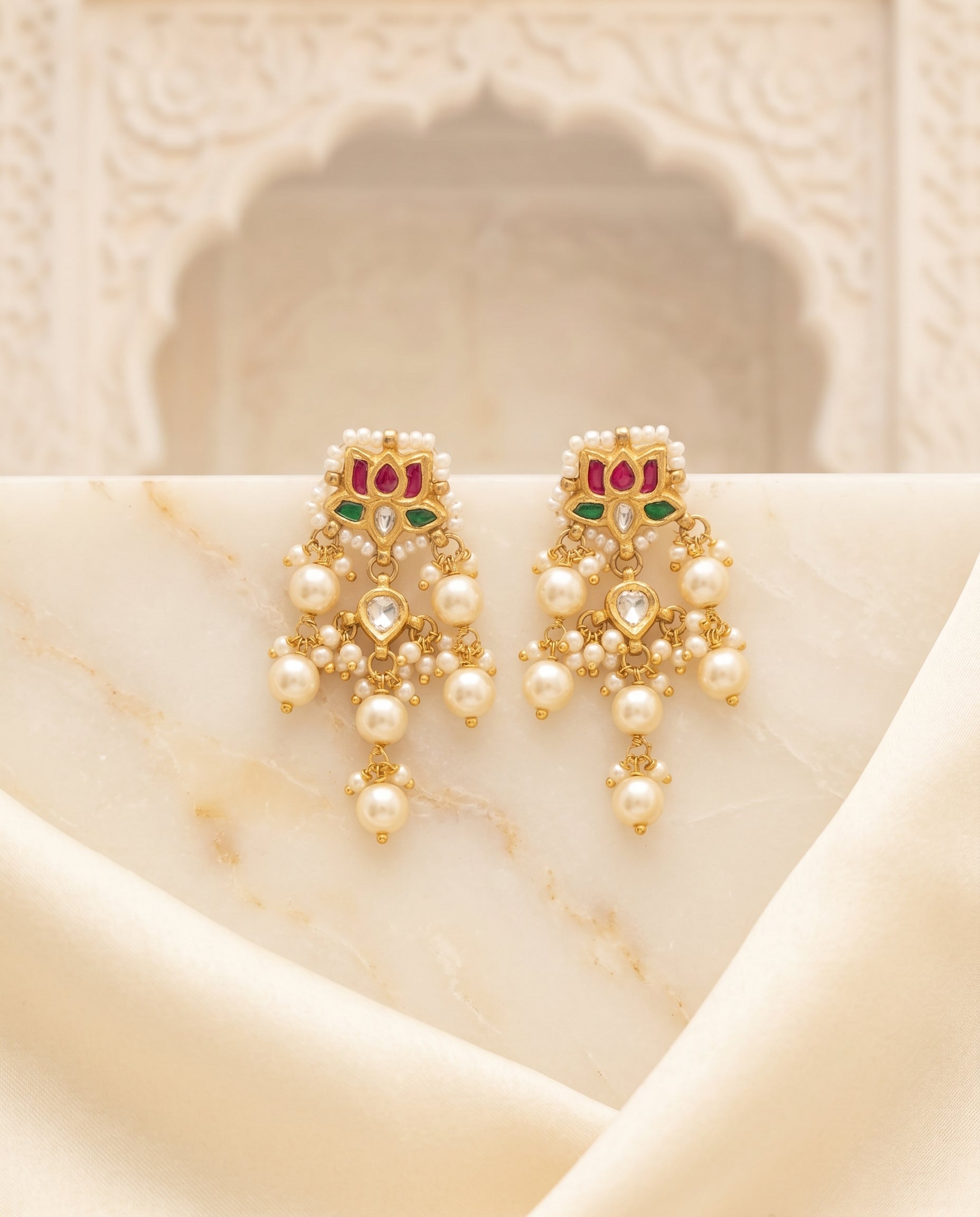 Handcrafted 22kt Gold White Lotus Earrings with Certified Syndicate Polki and White Stones in Lotus Motif Thapa Work