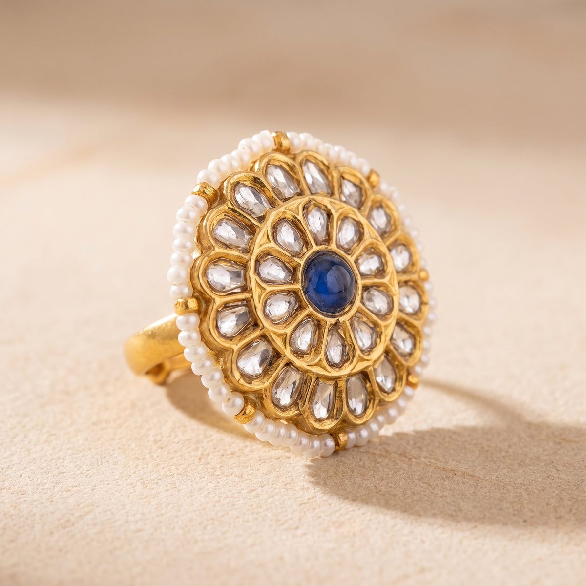 Handcrafted 22kt Gold Blue Meenakari Ring with Certified Syndicate Polki and Blue Meenakari Enamel Work in Thapa Work