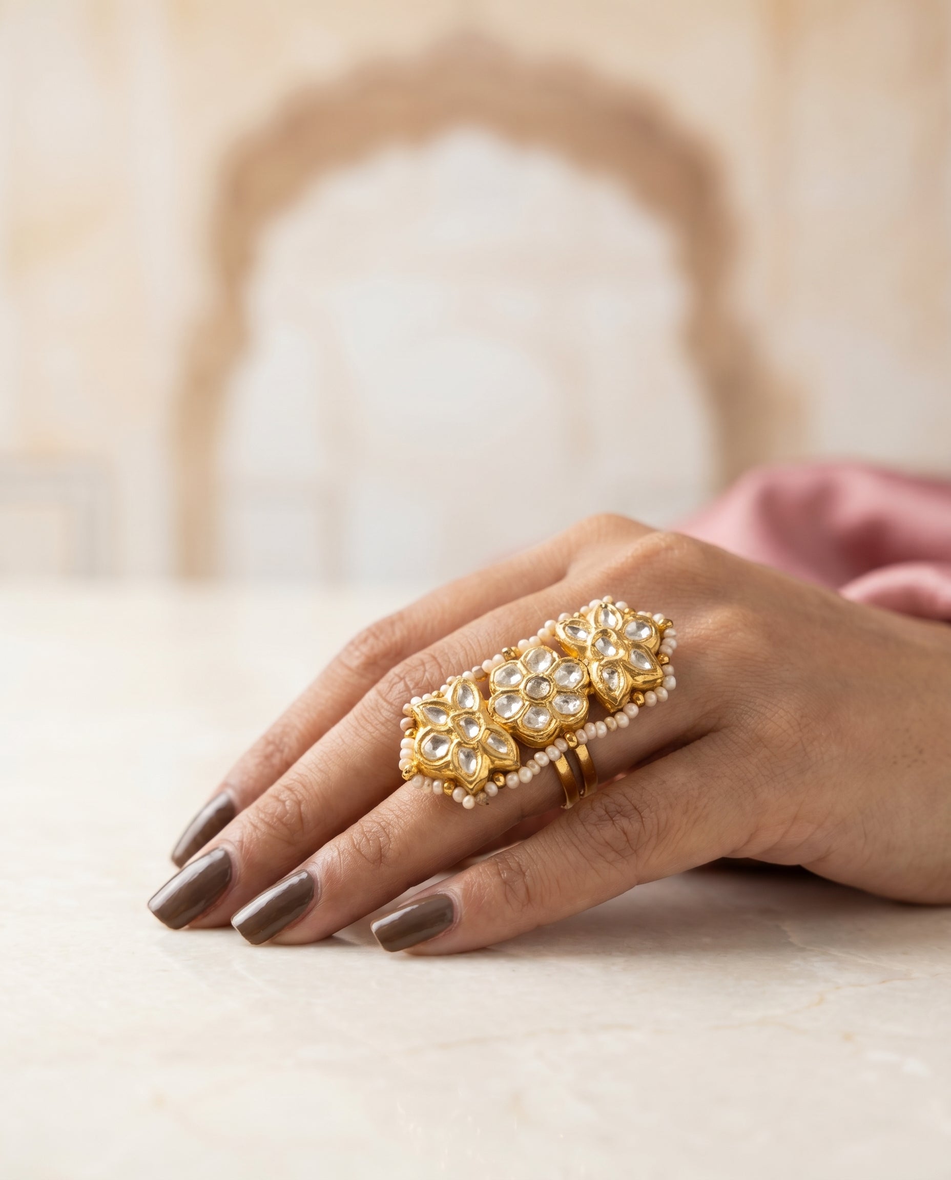 Jharoka Triple flower ring | Vama Gears